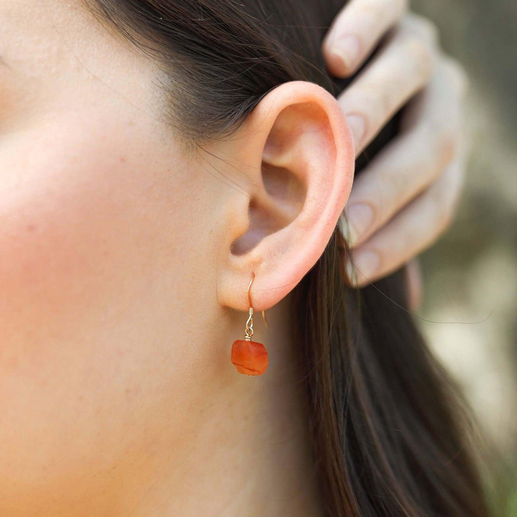 Raw Orange Carnelian Crystal Dangle Drop Earrings - Raw Orange Carnelian Crystal Dangle Drop Earrings - 14k Gold Fill - Luna Tide Handmade Crystal Jewellery