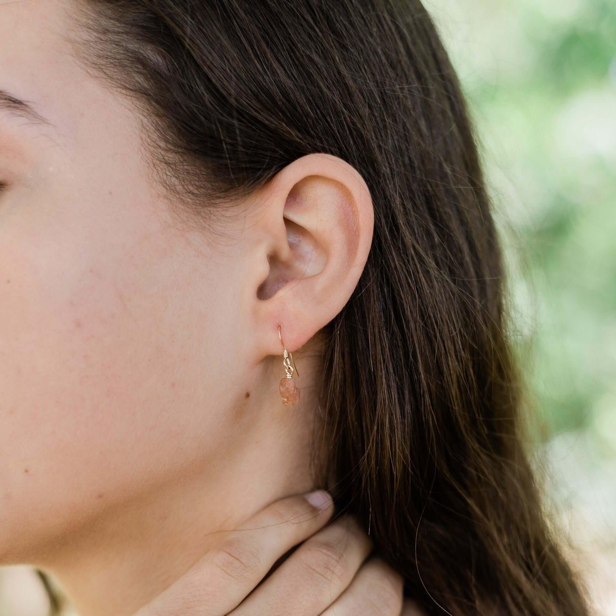 Raw Orange Sunstone Crystal Dangle Drop Earrings - Raw Orange Sunstone Crystal Dangle Drop Earrings - 14k Gold Fill - Luna Tide Handmade Crystal Jewellery