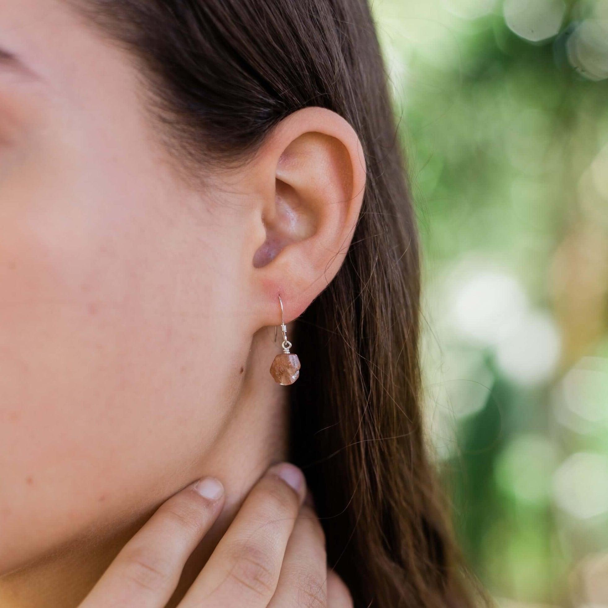 Raw Orange Sunstone Crystal Dangle Drop Earrings - Raw Orange Sunstone Crystal Dangle Drop Earrings - 14k Gold Fill - Luna Tide Handmade Crystal Jewellery