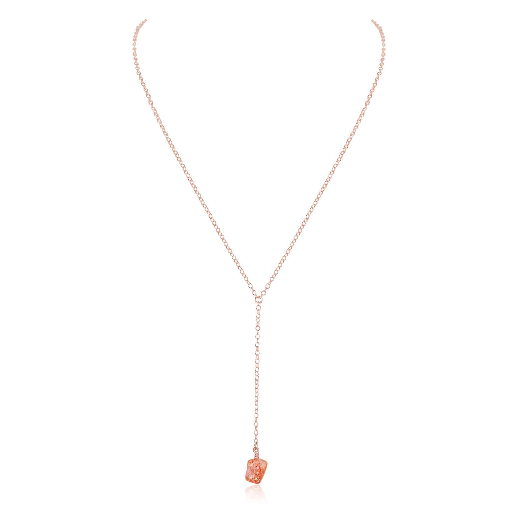 Raw Orange Sunstone Crystal Lariat Necklace - Raw Orange Sunstone Crystal Lariat Necklace - 14k Rose Gold Fill - Luna Tide Handmade Crystal Jewellery