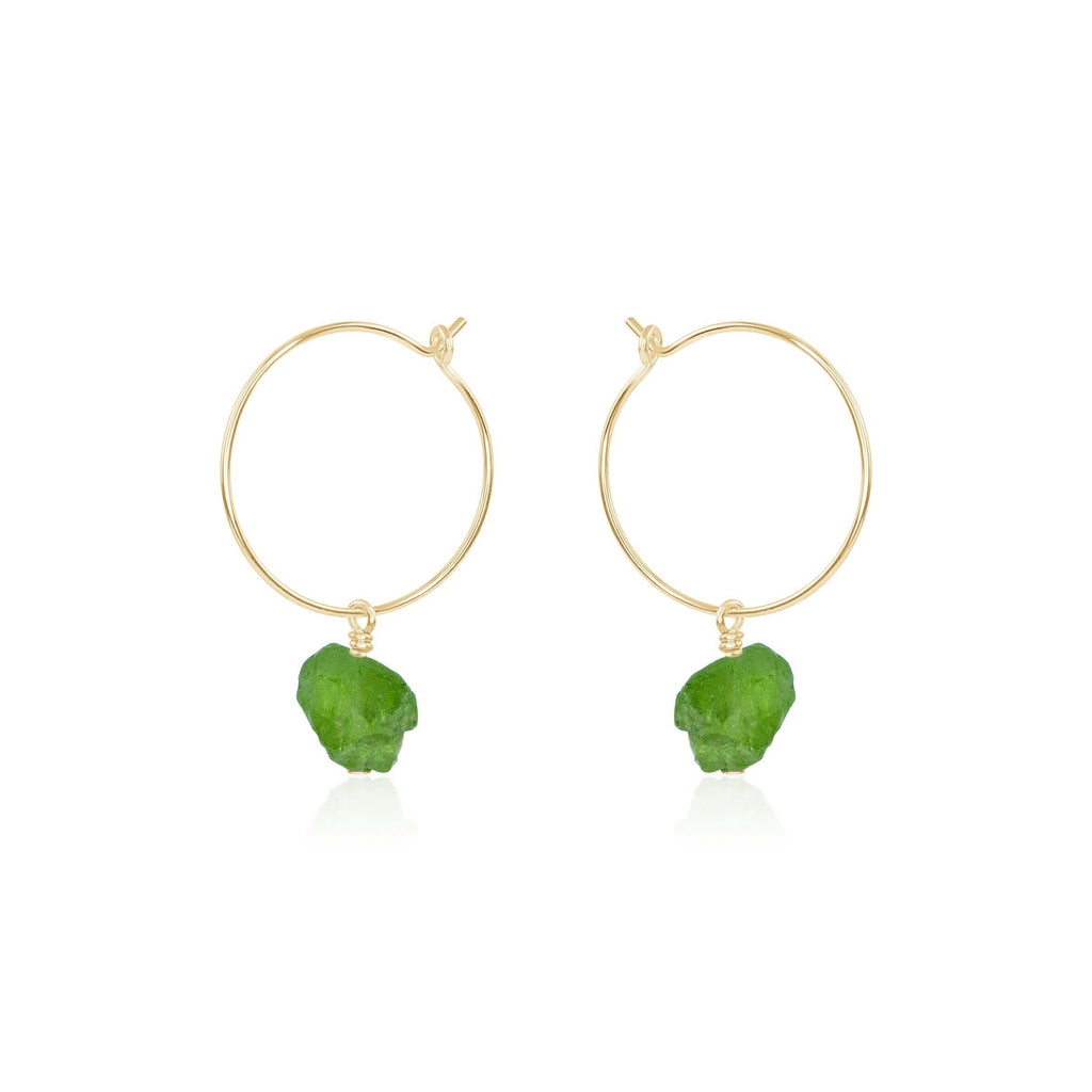 Raw Peridot Gemstone Dangle Hoop Earrings - Raw Peridot Gemstone Dangle Hoop Earrings - 14k Gold Fill - Luna Tide Handmade Crystal Jewellery