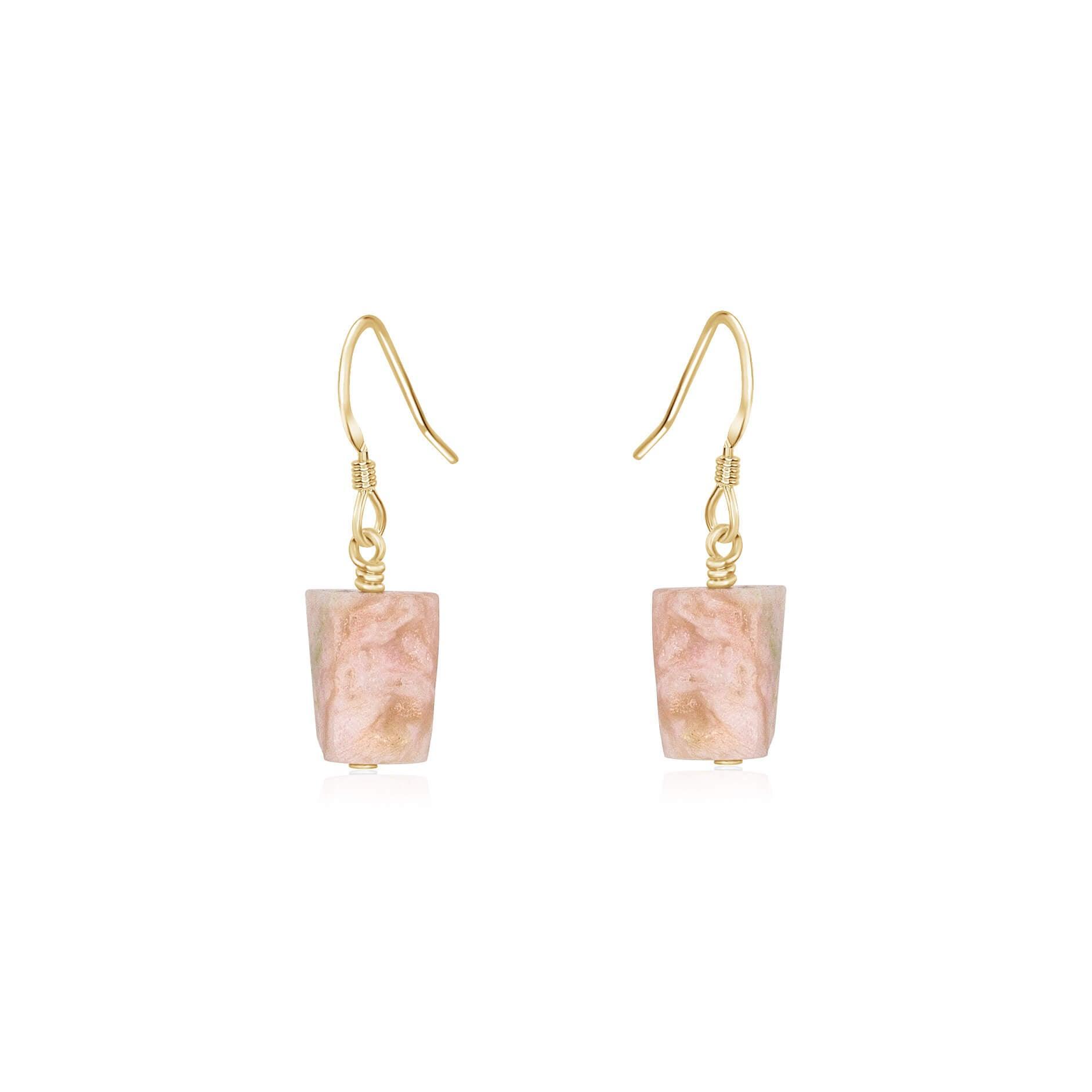 Raw Pink Peruvian Opal Crystal Dangle Drop Earrings - Raw Pink Peruvian Opal Crystal Dangle Drop Earrings - 14k Gold Fill - Luna Tide Handmade Crystal Jewellery