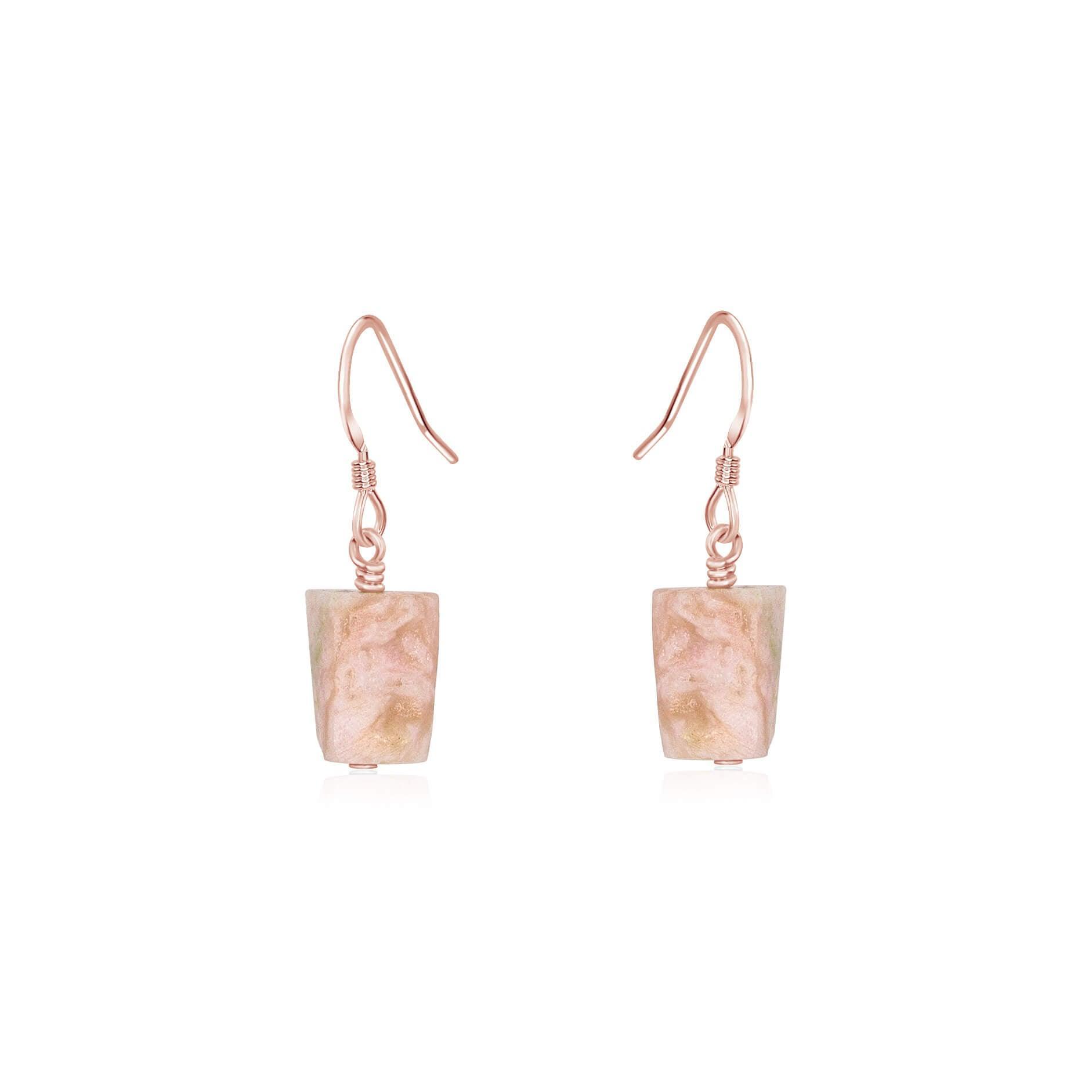 Raw Pink Peruvian Opal Crystal Dangle Drop Earrings - Raw Pink Peruvian Opal Crystal Dangle Drop Earrings - 14k Rose Gold Fill - Luna Tide Handmade Crystal Jewellery