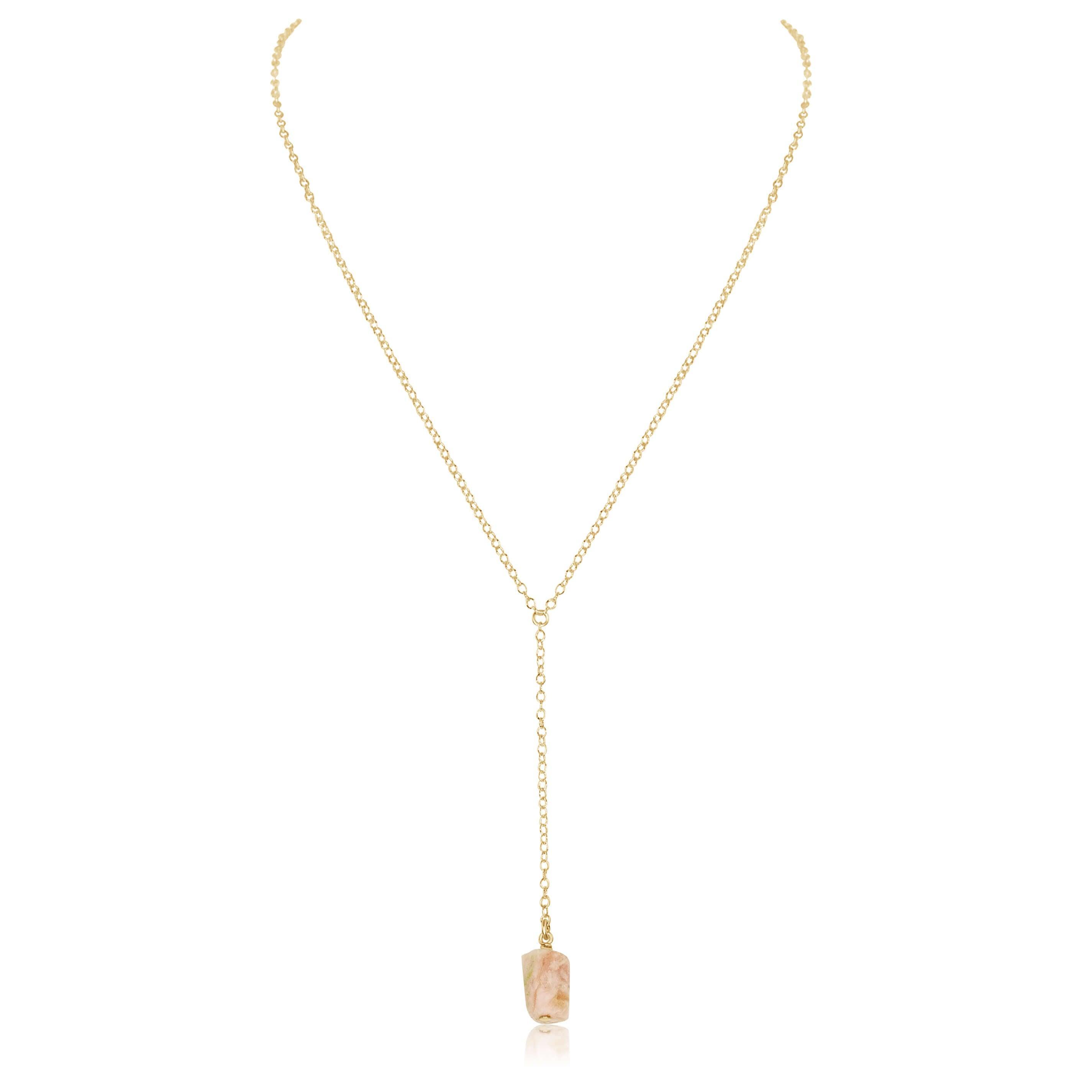 Raw Pink Peruvian Opal Crystal Lariat Necklace - Raw Pink Peruvian Opal Crystal Lariat Necklace - 14k Gold Fill - Luna Tide Handmade Crystal Jewellery