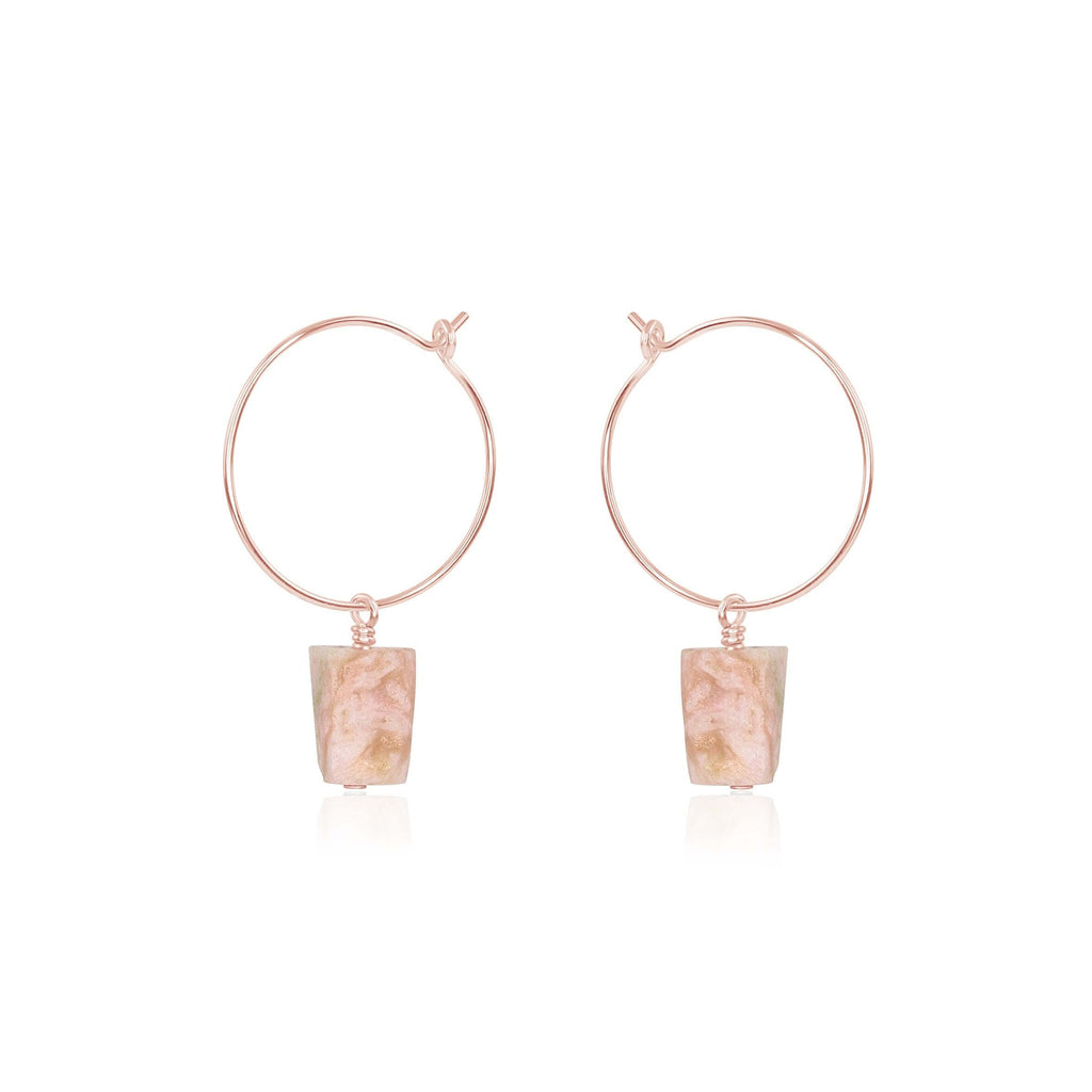 Raw Pink Peruvian Opal Gemstone Dangle Hoop Earrings - Raw Pink Peruvian Opal Gemstone Dangle Hoop Earrings - 14k Rose Gold Fill - Luna Tide Handmade Crystal Jewellery