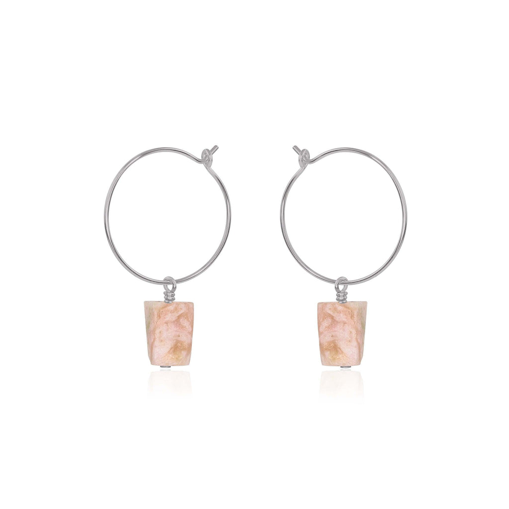 Raw Pink Peruvian Opal Gemstone Dangle Hoop Earrings - Raw Pink Peruvian Opal Gemstone Dangle Hoop Earrings - Stainless Steel - Luna Tide Handmade Crystal Jewellery