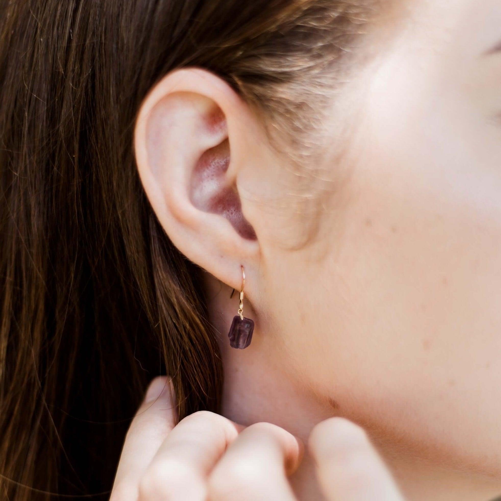 Raw Purple Amethyst Crystal Dangle Drop Earrings - Raw Purple Amethyst Crystal Dangle Drop Earrings - Sterling Silver - Luna Tide Handmade Crystal Jewellery