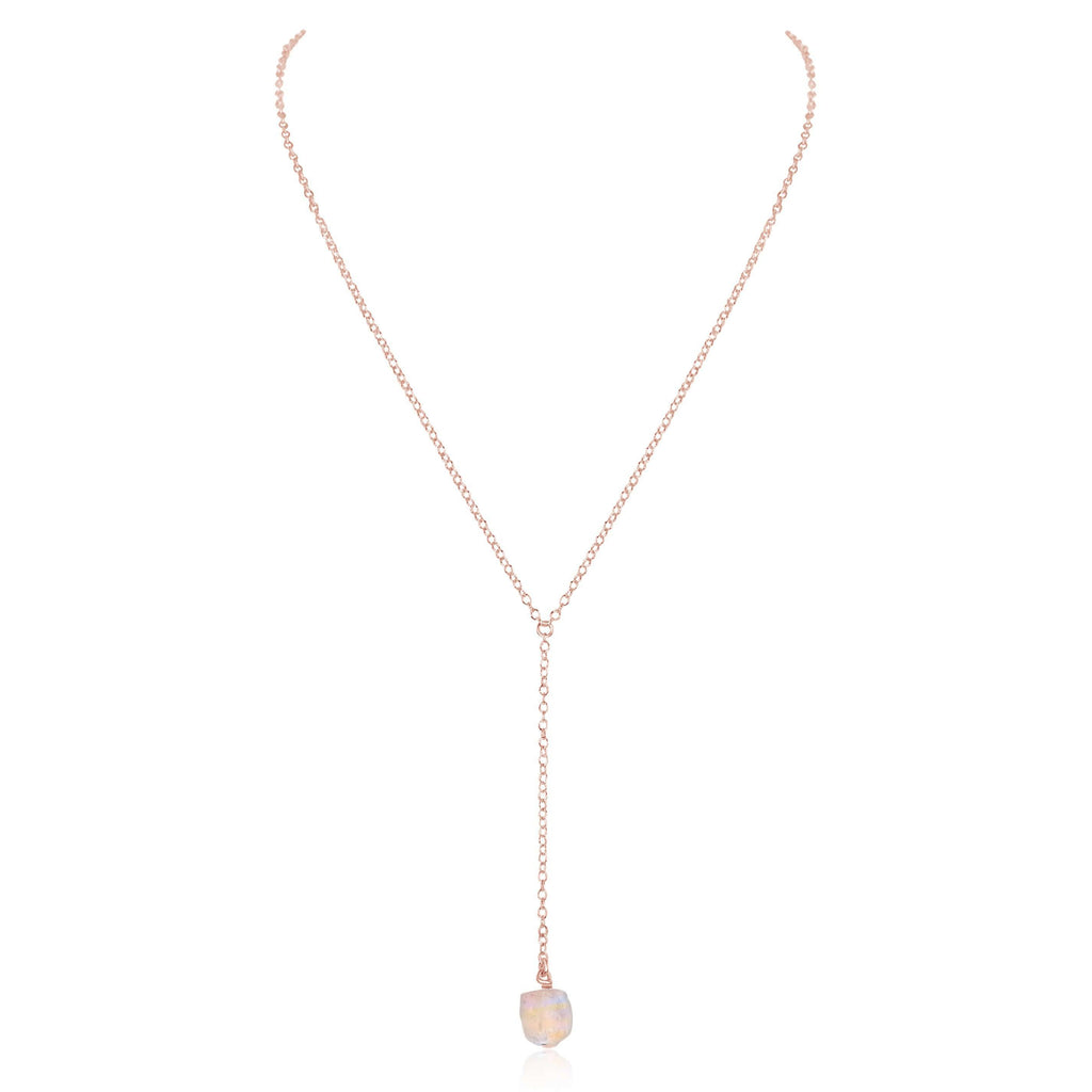 Raw Rainbow Moonstone Crystal Lariat Necklace - Raw Rainbow Moonstone Crystal Lariat Necklace - 14k Rose Gold Fill - Luna Tide Handmade Crystal Jewellery