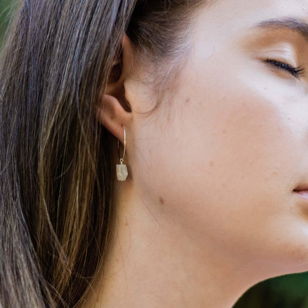 Raw Rainbow Moonstone Gemstone Dangle Hoop Earrings - Raw Rainbow Moonstone Gemstone Dangle Hoop Earrings - 14k Gold Fill - Luna Tide Handmade Crystal Jewellery