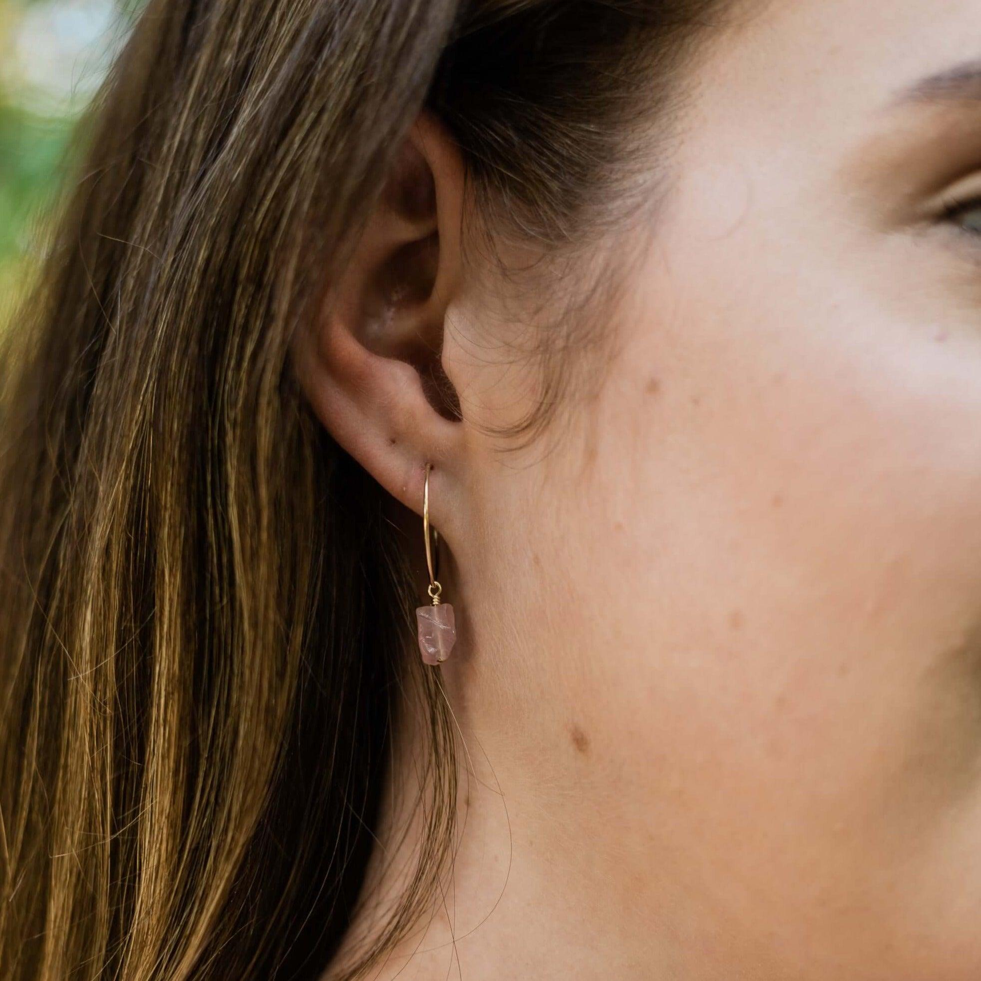 Raw Rose Quartz Gemstone Dangle Hoop Earrings - Raw Rose Quartz Gemstone Dangle Hoop Earrings - Sterling Silver - Luna Tide Handmade Crystal Jewellery