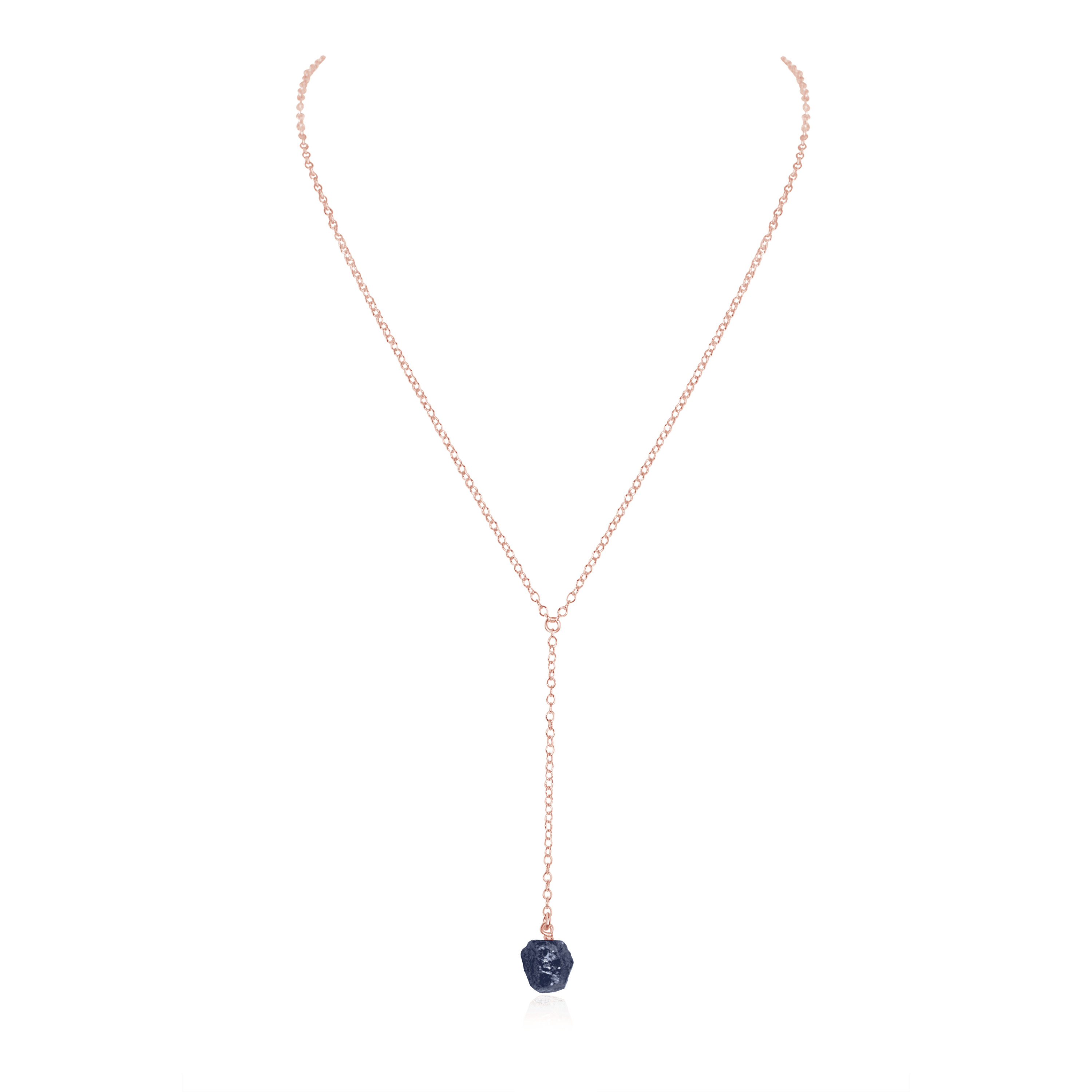 Raw Sapphire Crystal Lariat Necklace - Raw Sapphire Crystal Lariat Necklace - 14k Rose Gold Fill - Luna Tide Handmade Crystal Jewellery