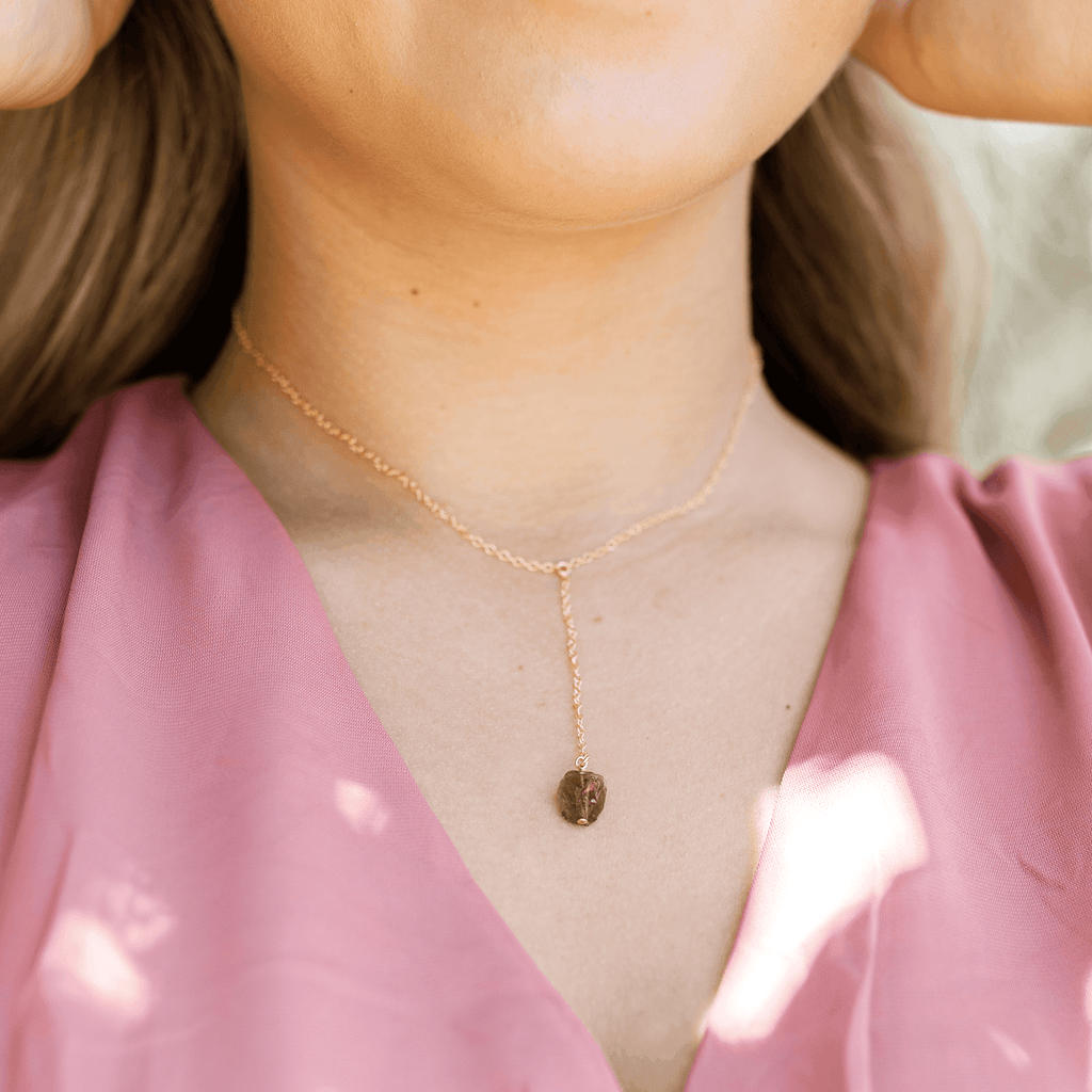 Raw Smoky Quartz Crystal Lariat Necklace - Raw Smoky Quartz Crystal Lariat Necklace - Sterling Silver - Luna Tide Handmade Crystal Jewellery