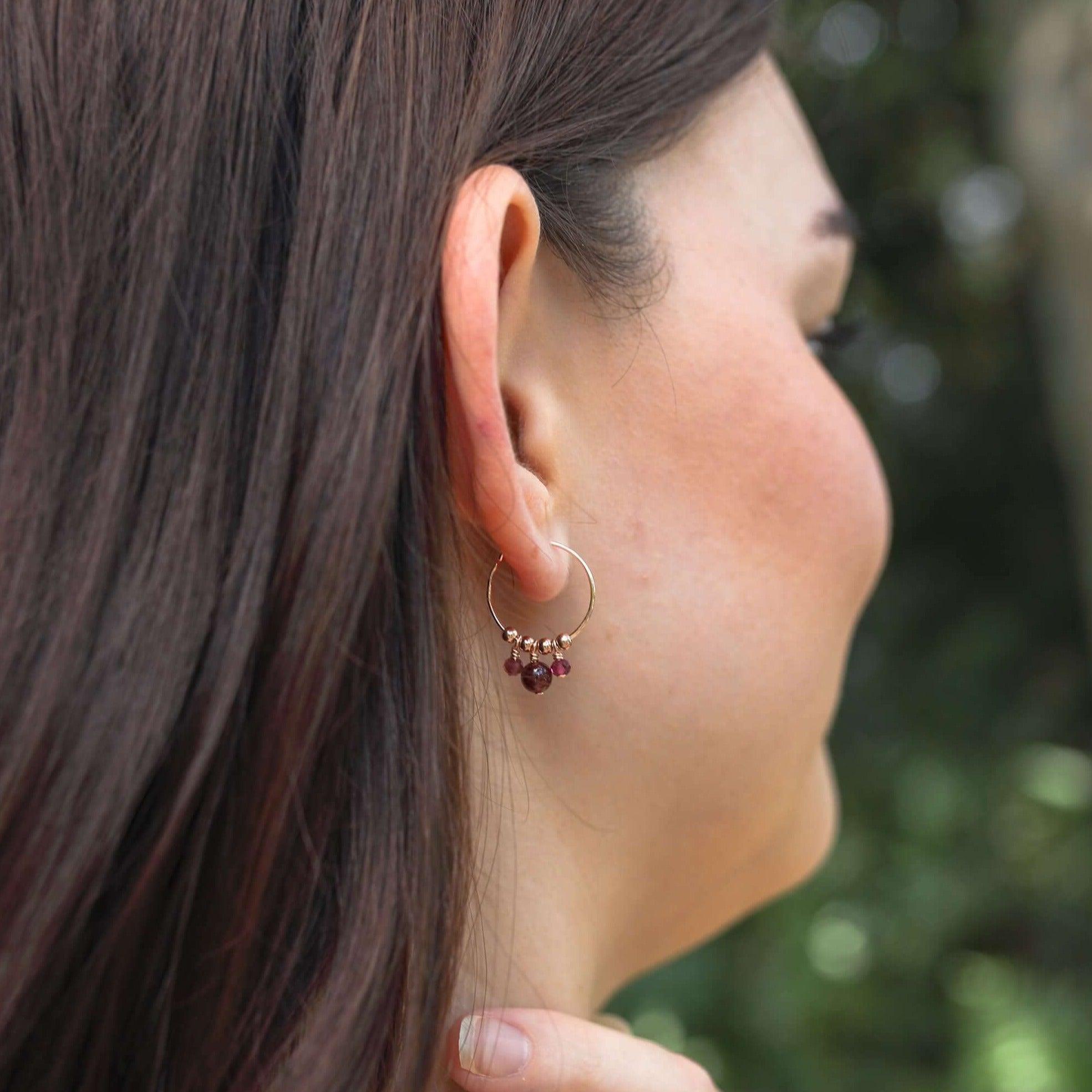 Red Garnet Gemstone Bead Drop Hoop Earrings - Red Garnet Gemstone Bead Drop Hoop Earrings - 14k Gold Fill - Luna Tide Handmade Crystal Jewellery