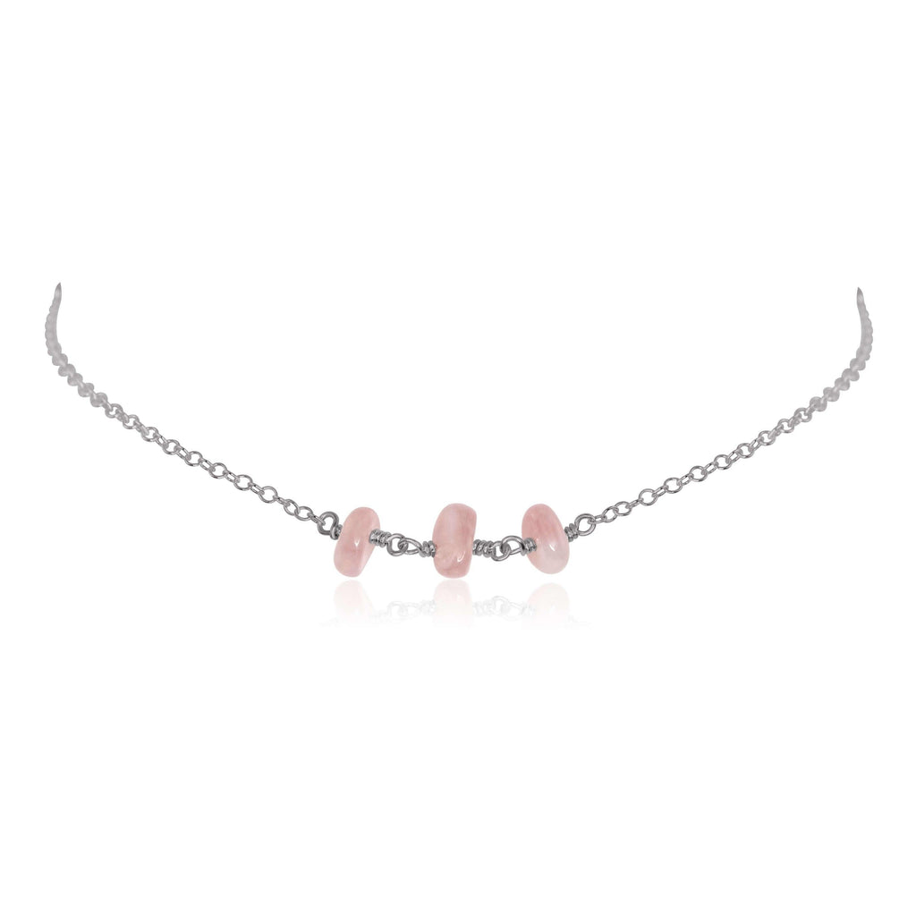 Rose Quartz Beaded Chain Choker Necklace - Rose Quartz Beaded Chain Choker Necklace - Stainless Steel - Luna Tide Handmade Crystal Jewellery