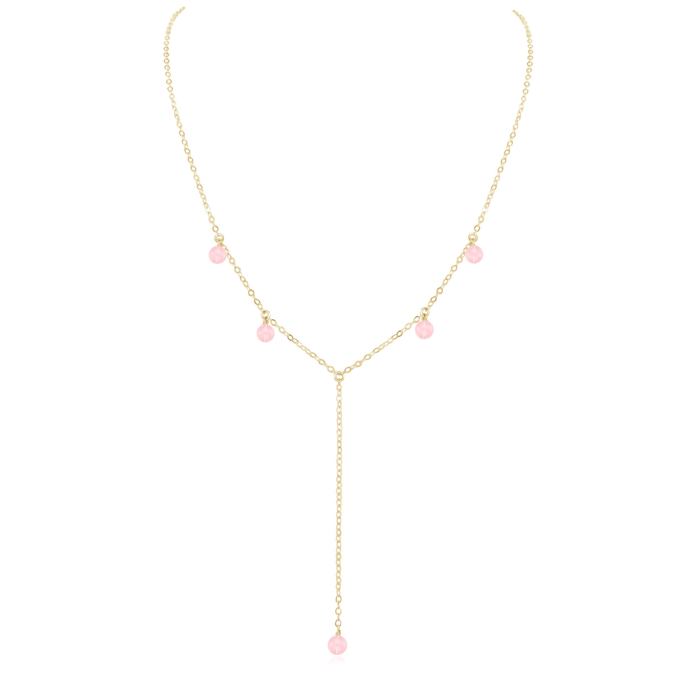 Rose Quartz Boho Lariat Necklace - Rose Quartz Boho Lariat Necklace - 14k Gold Fill - Luna Tide Handmade Crystal Jewellery