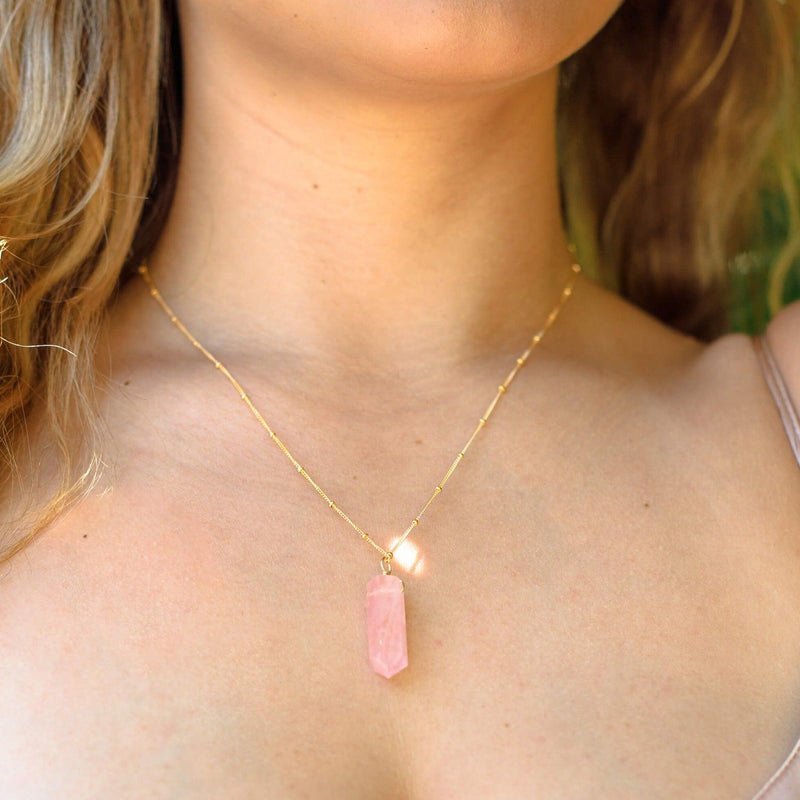 Rose Quartz Crystal Generator Point Pendant Necklace - Rose Quartz Crystal Generator Point Pendant Necklace - 14k Gold Fill / Cable - Luna Tide Handmade Crystal Jewellery