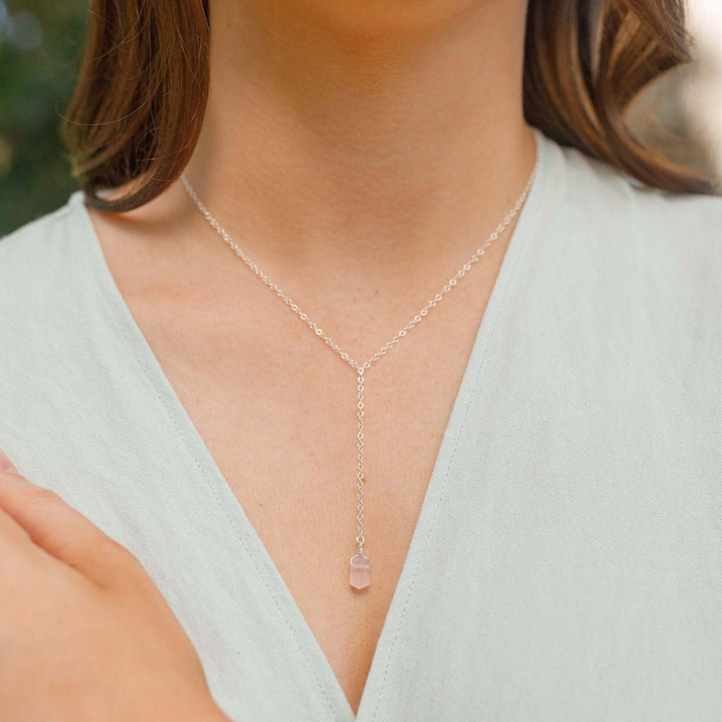 Rose Quartz Double Terminated Mini Crystal Point Lariat Necklace - Rose Quartz Double Terminated Mini Crystal Point Lariat Necklace - Sterling Silver - Luna Tide Handmade Crystal Jewellery