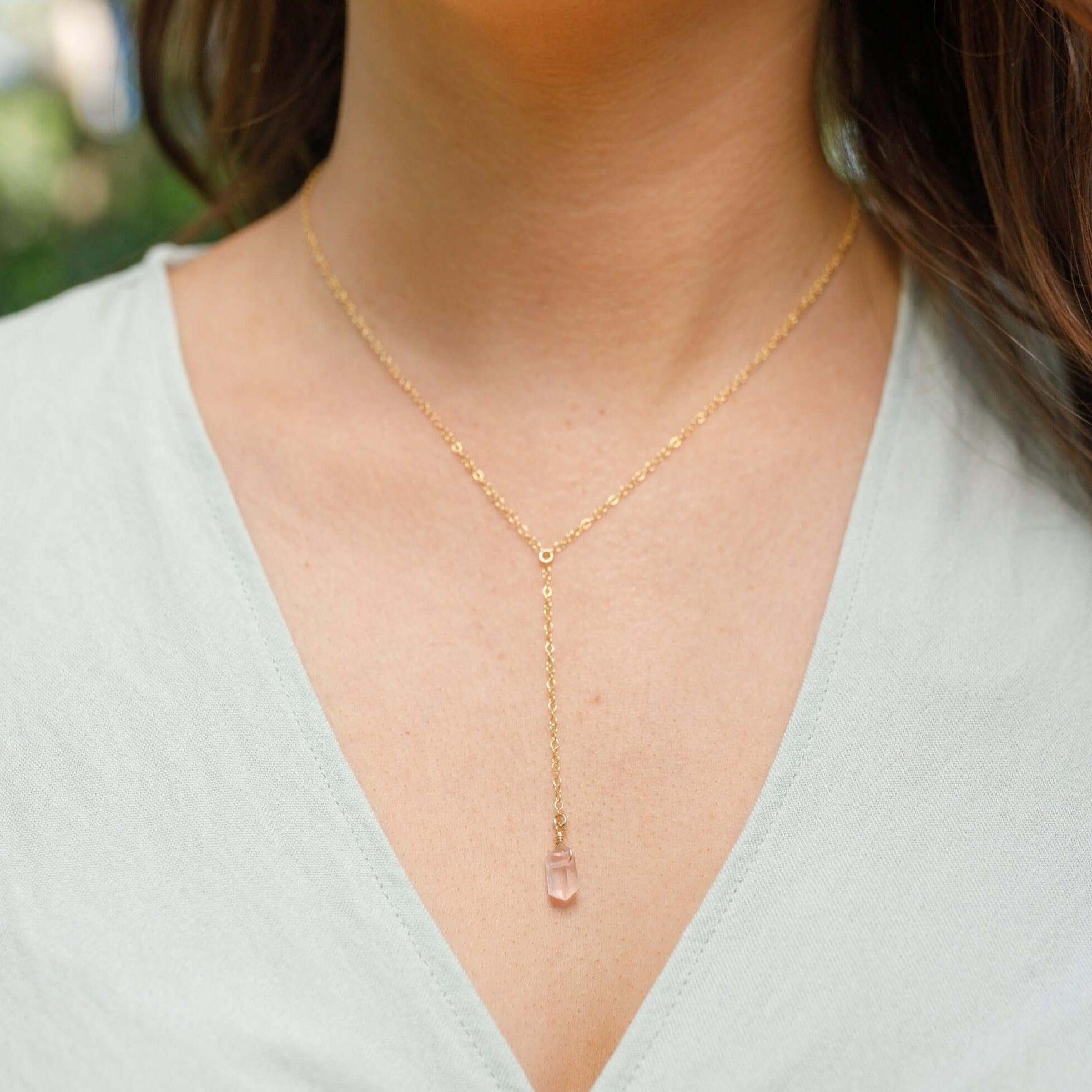 Rose Quartz Double Terminated Mini Crystal Point Lariat Necklace - Rose Quartz Double Terminated Mini Crystal Point Lariat Necklace - Sterling Silver - Luna Tide Handmade Crystal Jewellery
