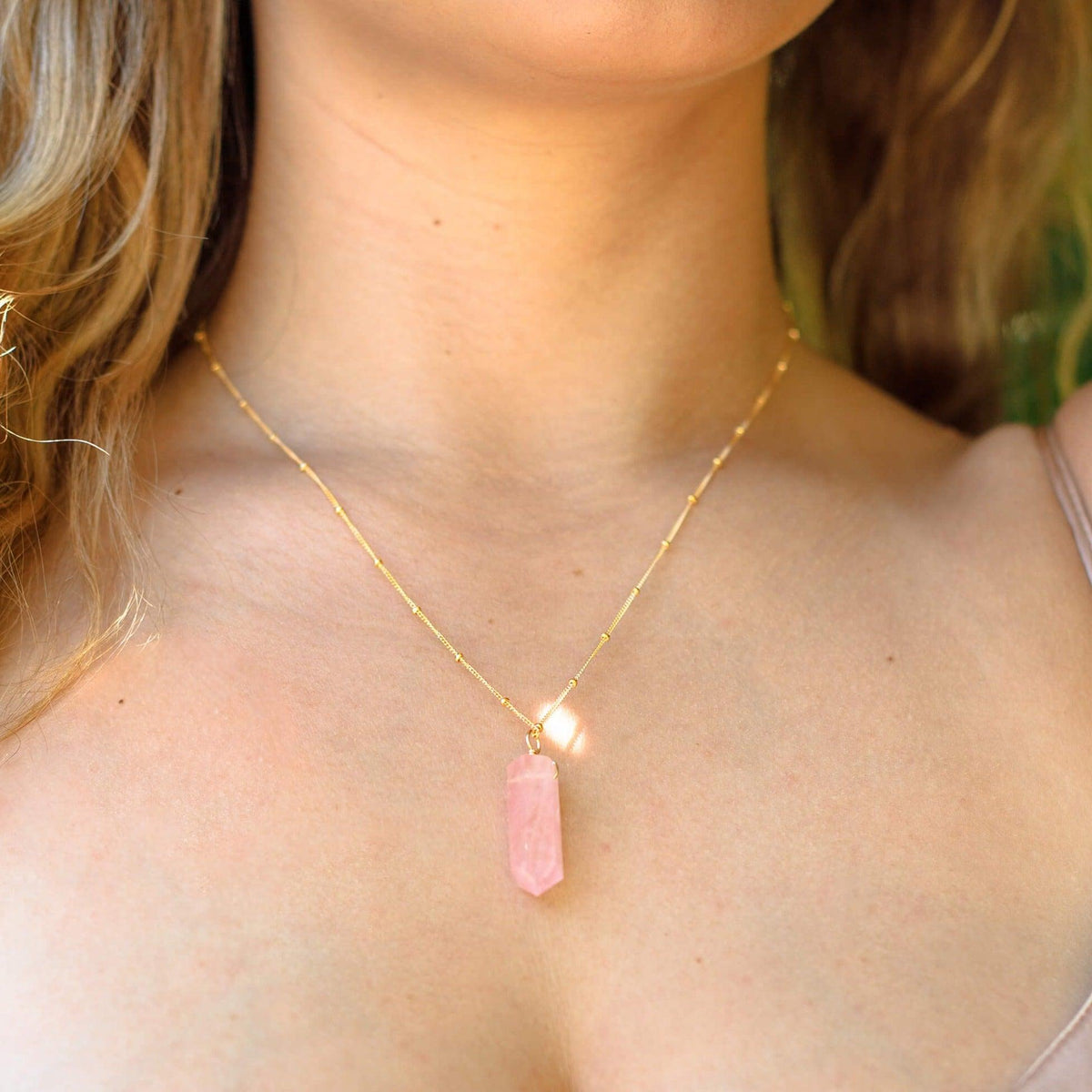 Rose Quartz Gemstone Generator Tower Point Pendant Necklace - Rose Quartz Gemstone Generator Tower Point Pendant Necklace - 14k Gold Fill / Satellite - Luna Tide Handmade Crystal Jewellery