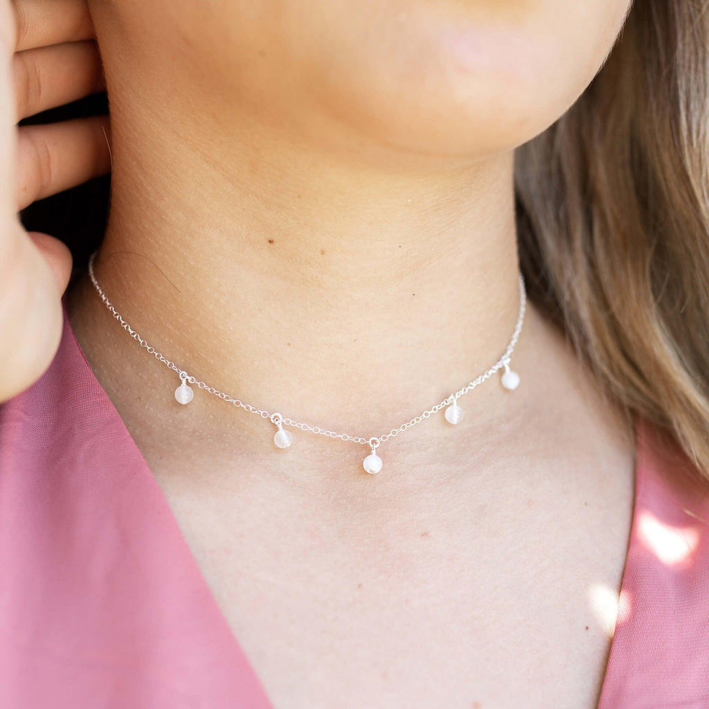 Selenite Bead Drop Choker - Selenite Bead Drop Choker - Sterling Silver - Luna Tide Handmade Crystal Jewellery
