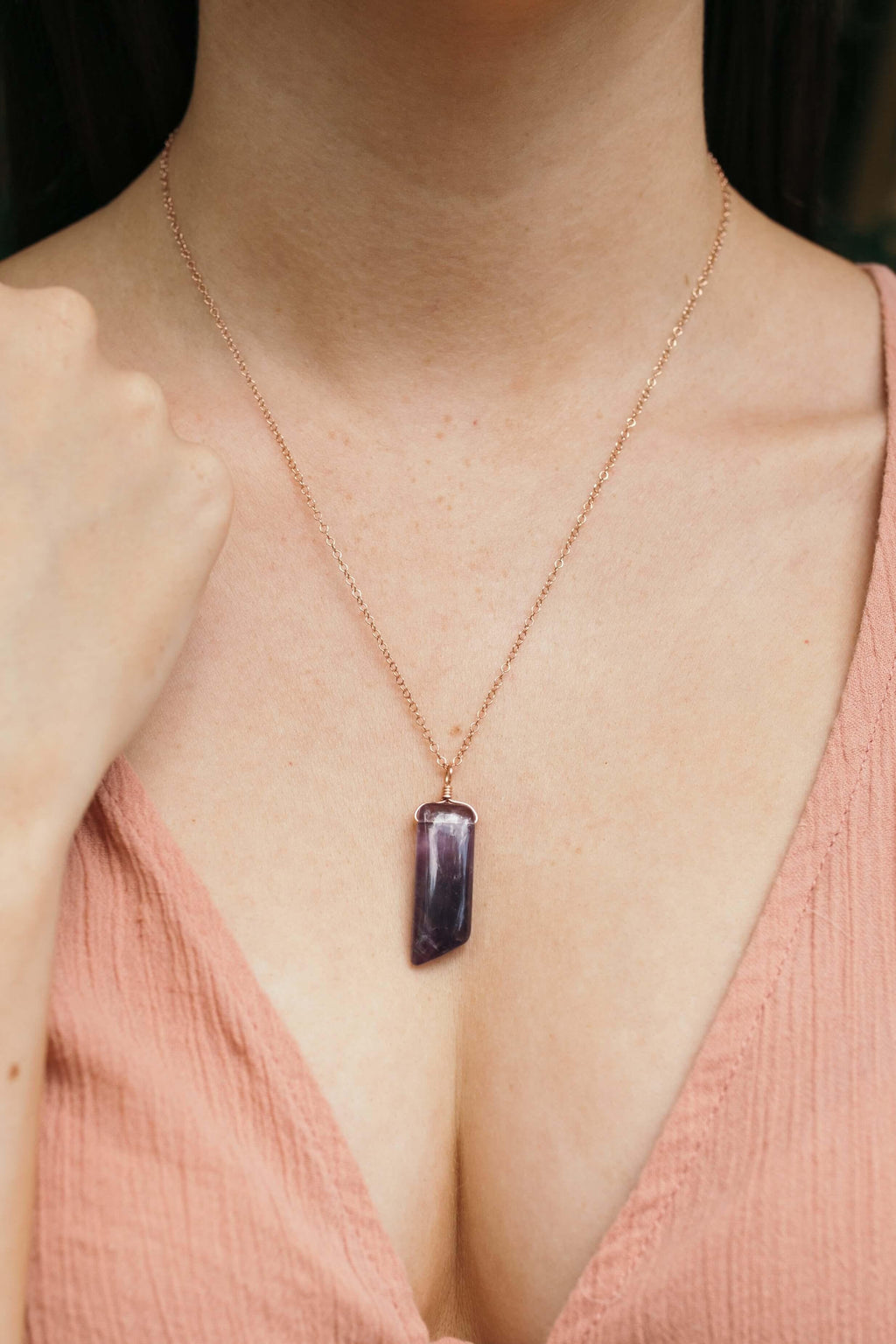Smooth Purple Amethyst Natural Point Crystal Necklace - Smooth Purple Amethyst Natural Point Crystal Necklace - Sterling Silver / Cable - Luna Tide Handmade Crystal Jewellery