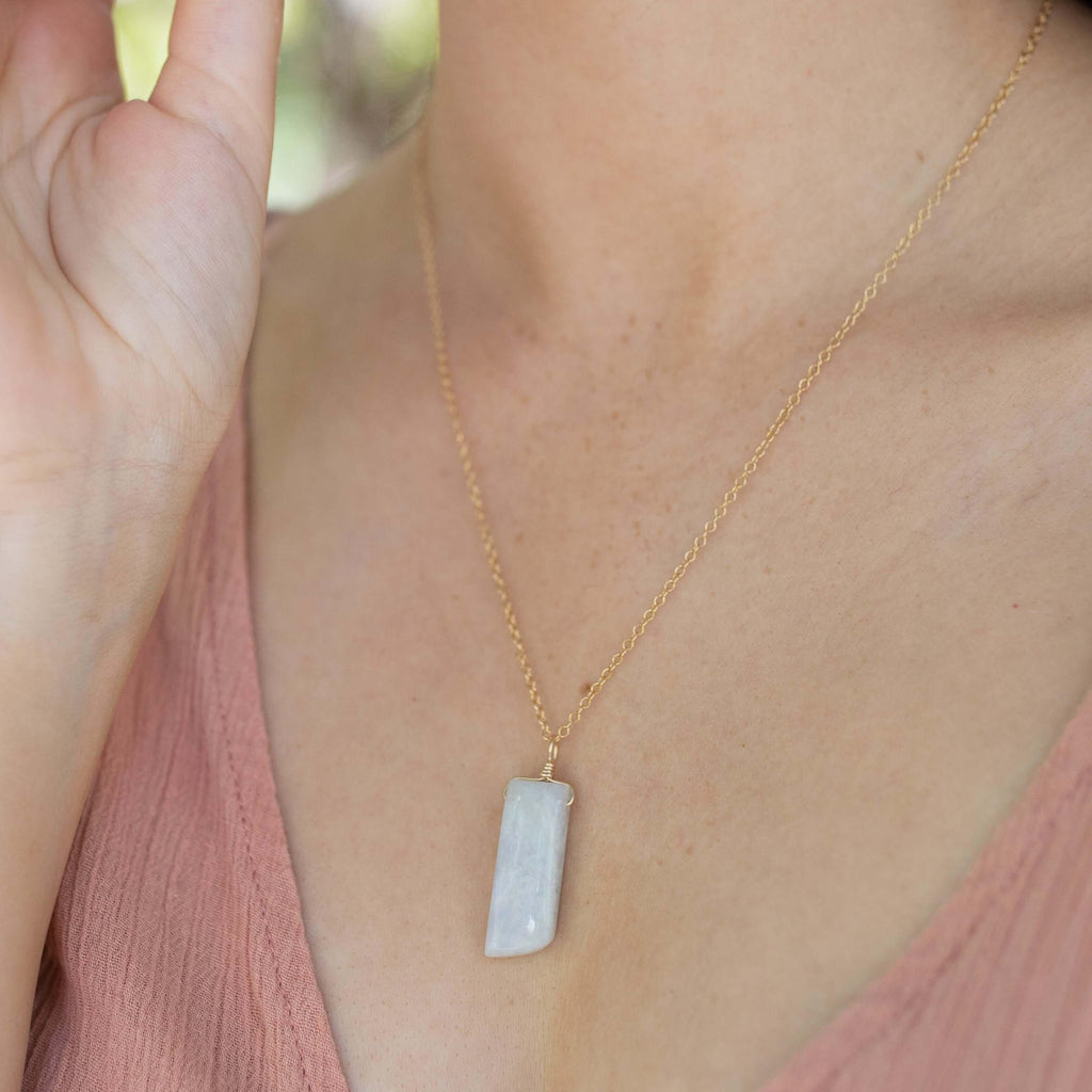Smooth Rainbow Moonstone Natural Point Crystal Necklace - Smooth Rainbow Moonstone Natural Point Crystal Necklace - 14k Rose Gold Fill / Cable - Luna Tide Handmade Crystal Jewellery