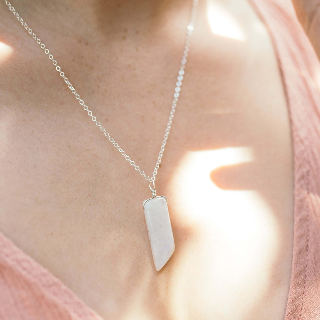 Smooth Rainbow Moonstone Natural Point Crystal Necklace - Smooth Rainbow Moonstone Natural Point Crystal Necklace - 14k Rose Gold Fill / Cable - Luna Tide Handmade Crystal Jewellery