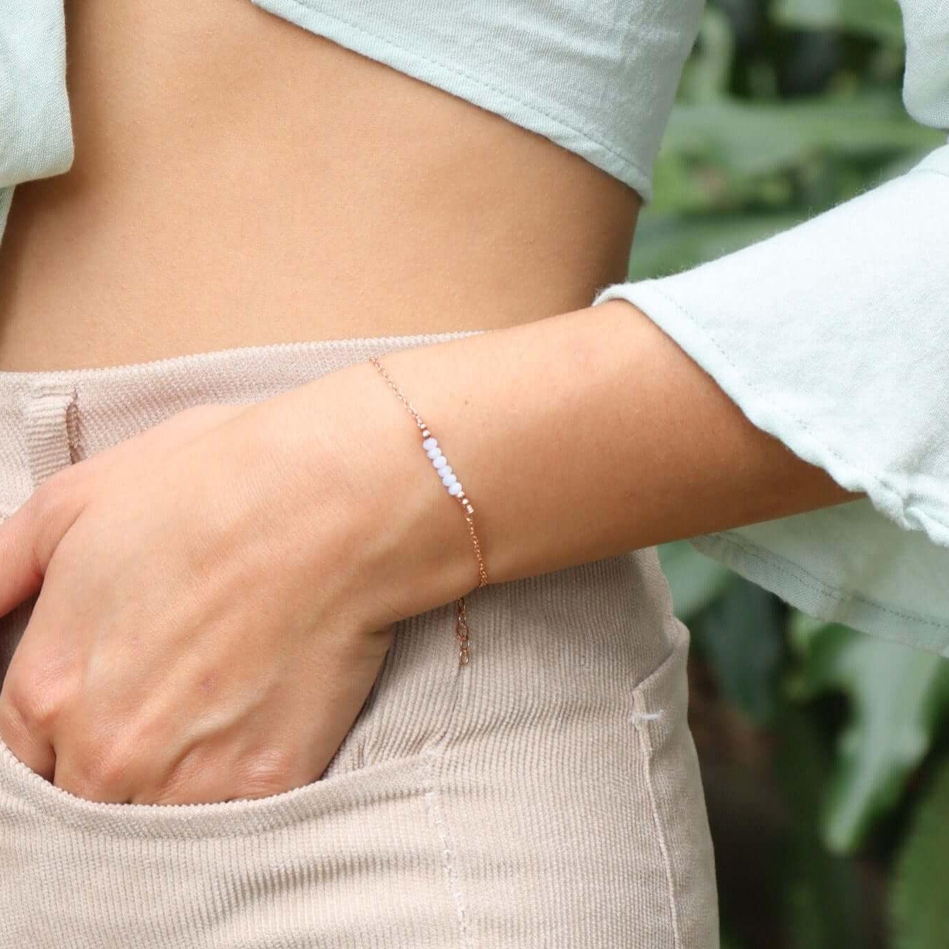 Sparkling Blue Lace Agate Gemstone Faceted Bead Bar Bracelet - Sparkling Blue Lace Agate Gemstone Faceted Bead Bar Bracelet - 14k Gold Fill - Luna Tide Handmade Crystal Jewellery