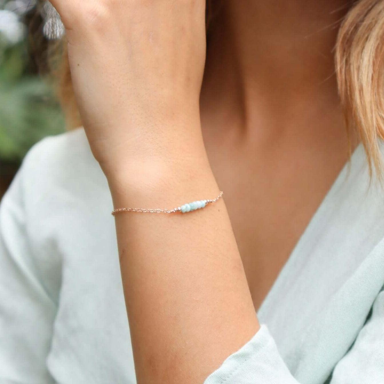 Sparkling Blue Larimar Gemstone Faceted Bead Bar Bracelet - Sparkling Blue Larimar Gemstone Faceted Bead Bar Bracelet - Sterling Silver - Luna Tide Handmade Crystal Jewellery