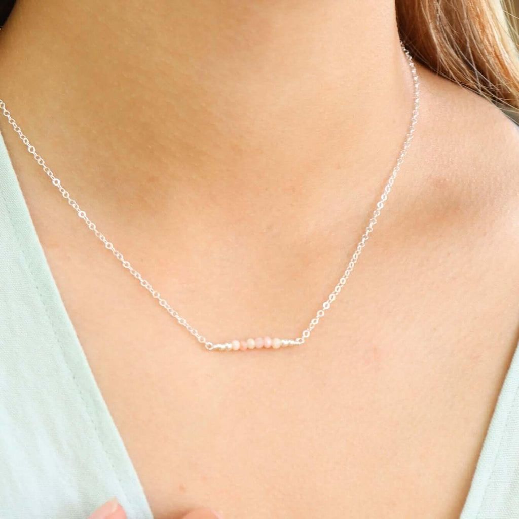 Sparkling Pink Peruvian Opal Faceted Bead Bar Necklace - Sparkling Pink Peruvian Opal Faceted Bead Bar Necklace - 14k Gold Fill - Luna Tide Handmade Crystal Jewellery