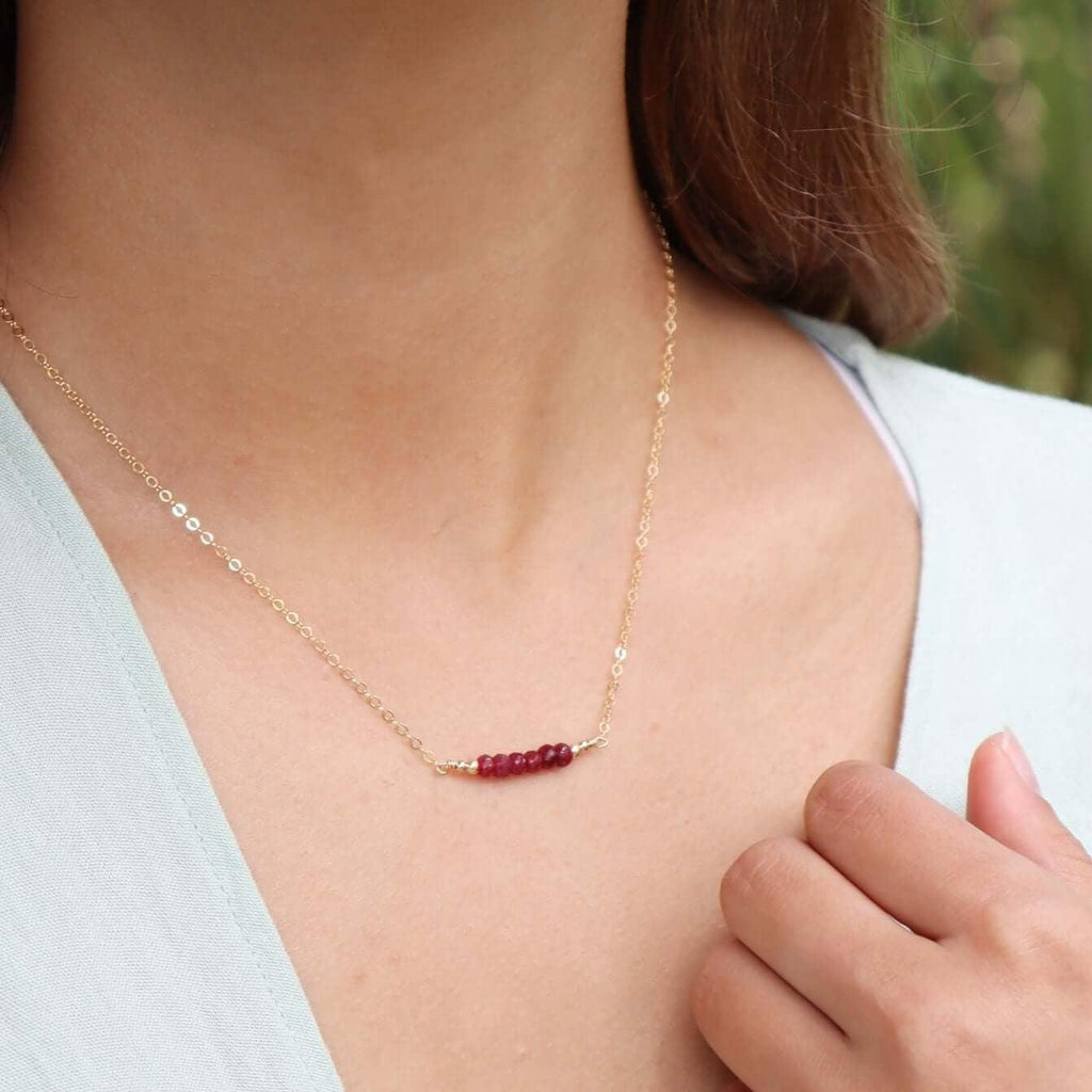 Sparkling Red Ruby Faceted Bead Bar Necklace - Sparkling Red Ruby Faceted Bead Bar Necklace - 14k Gold Fill - Luna Tide Handmade Crystal Jewellery