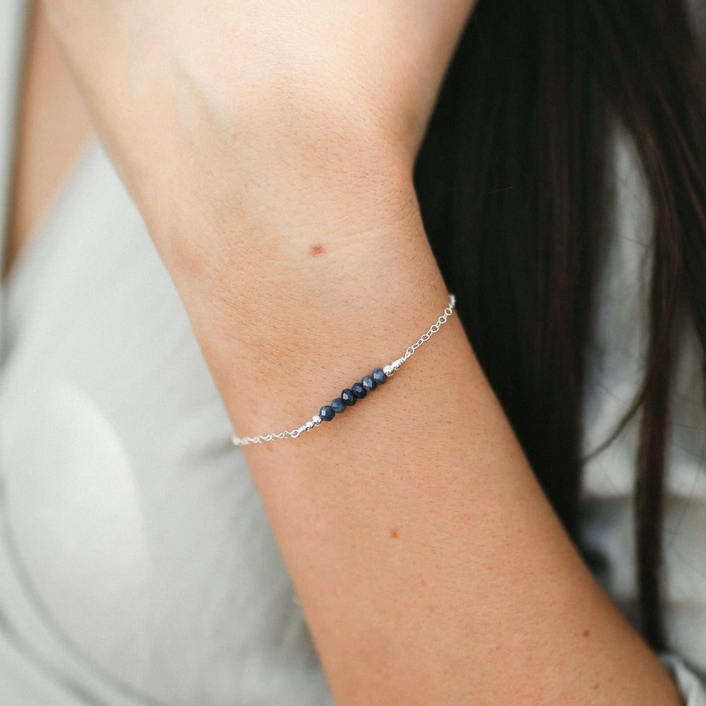 Sparkling Sapphire Gemstone Faceted Bead Bar Bracelet - Sparkling Sapphire Gemstone Faceted Bead Bar Bracelet - Sterling Silver - Luna Tide Handmade Crystal Jewellery