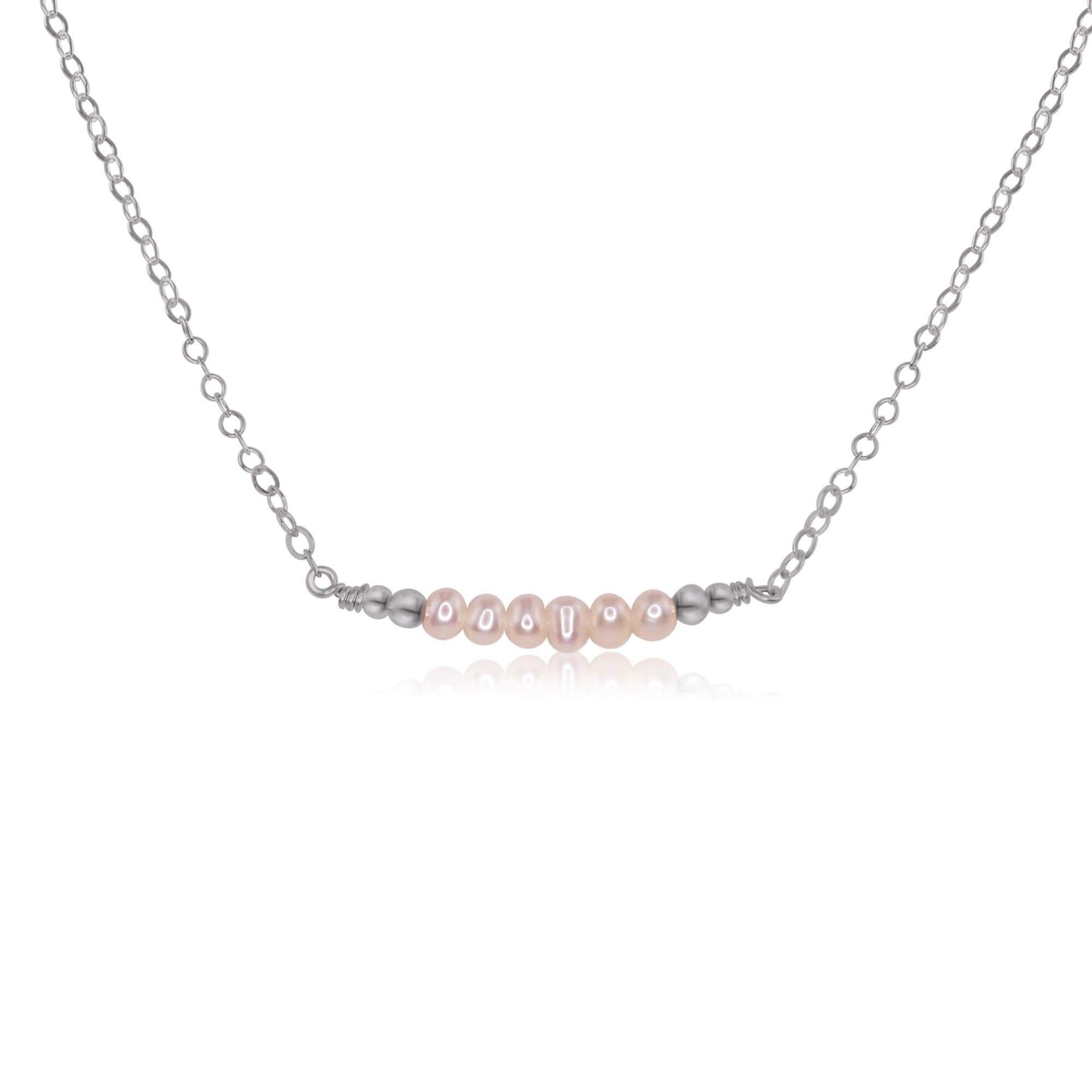 Sparkling White Freshwater Pearl Tiny Bead Bar Necklace - Sparkling White Freshwater Pearl Tiny Bead Bar Necklace - Stainless Steel - Luna Tide Handmade Crystal Jewellery