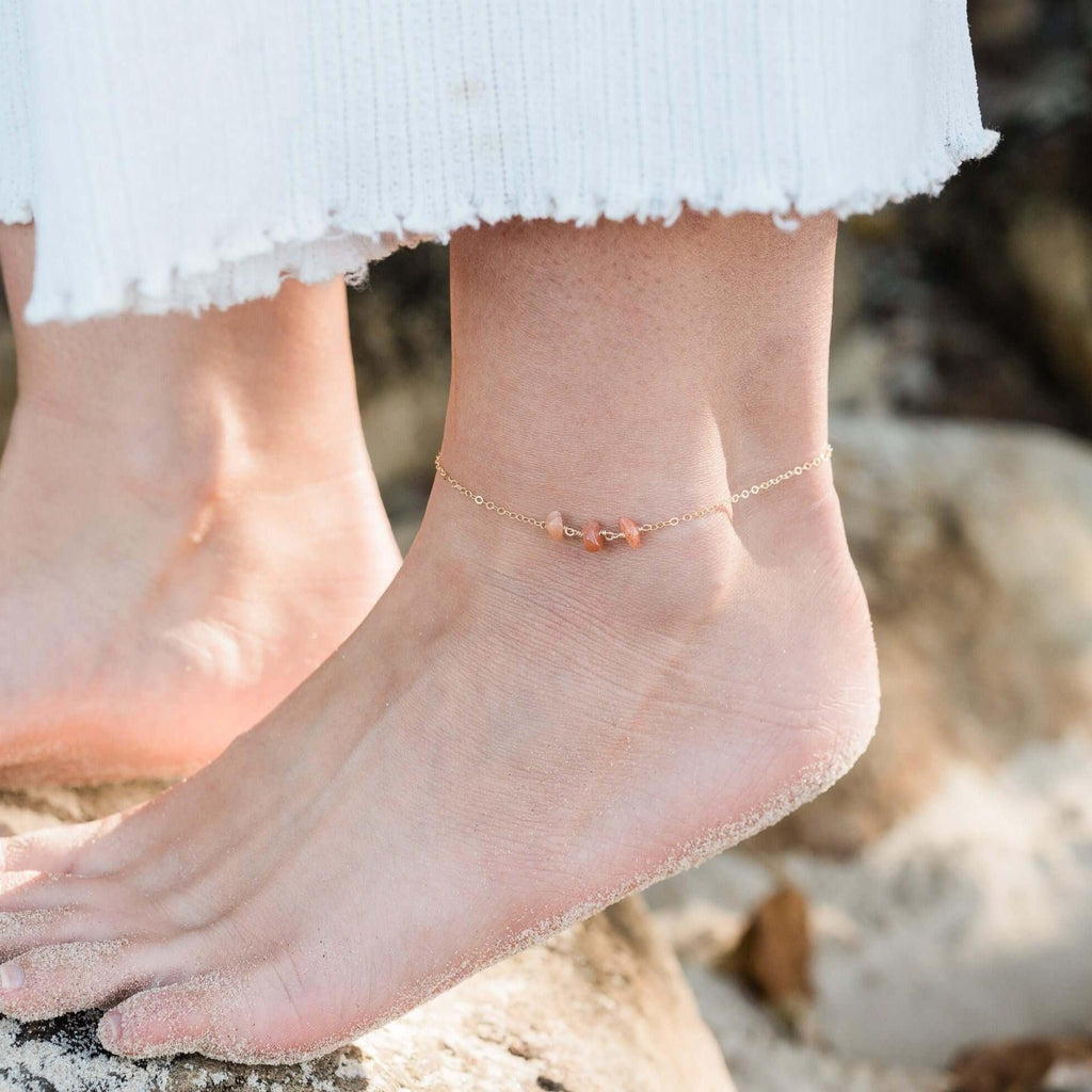 Sunstone Beaded Chain Anklet - Sunstone Beaded Chain Anklet - Sterling Silver - Luna Tide Handmade Crystal Jewellery