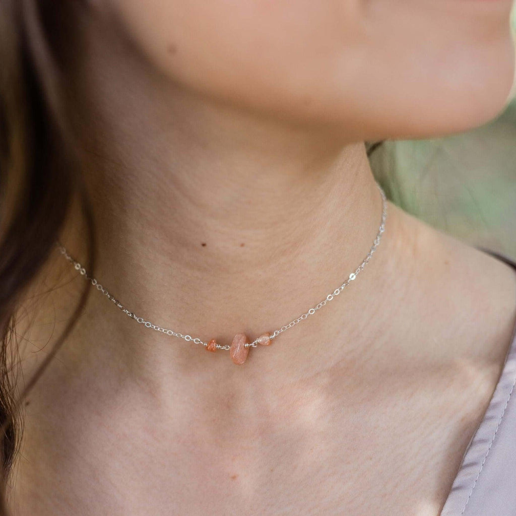 Sunstone Beaded Chain Choker Necklace - Sunstone Beaded Chain Choker Necklace - 14k Gold Fill - Luna Tide Handmade Crystal Jewellery