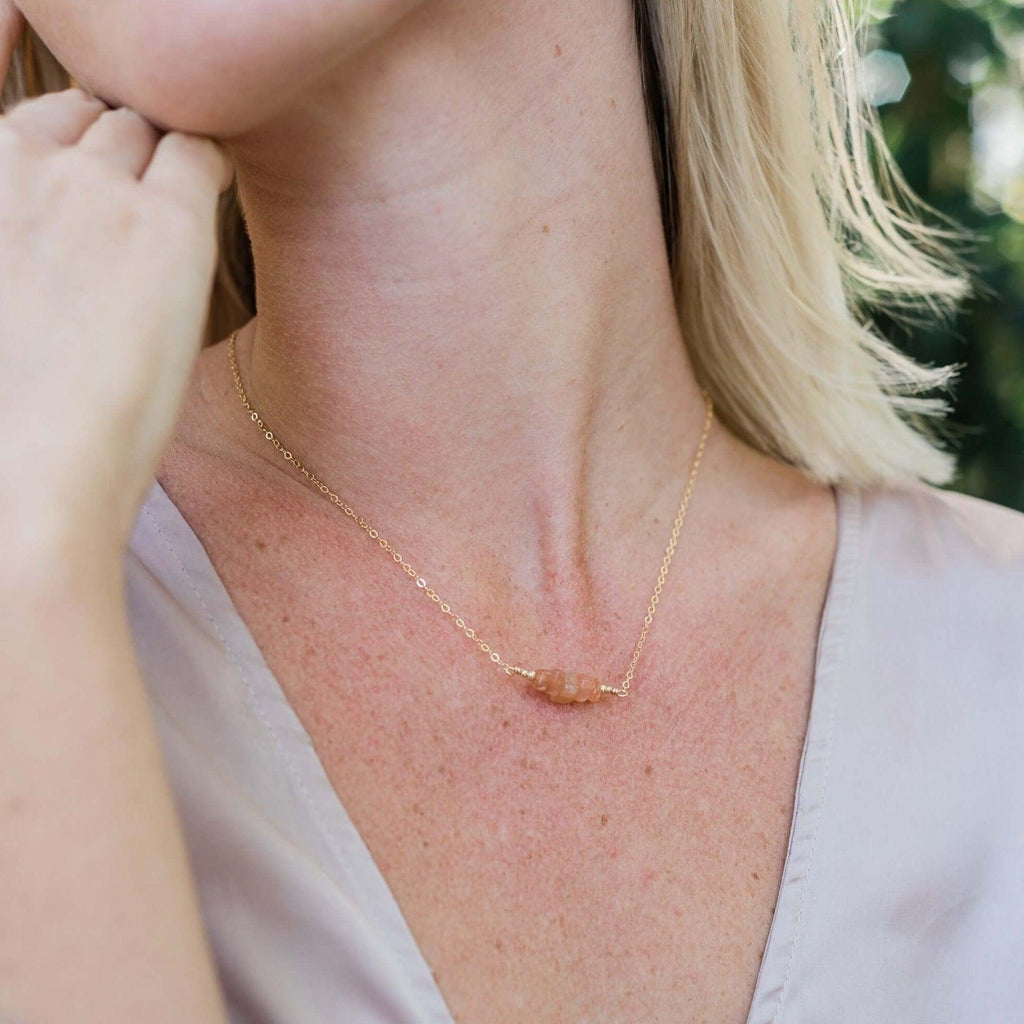 Sunstone Chip Bead Bar Necklace - Sunstone Chip Bead Bar Necklace - 14k Gold Fill - Luna Tide Handmade Crystal Jewellery