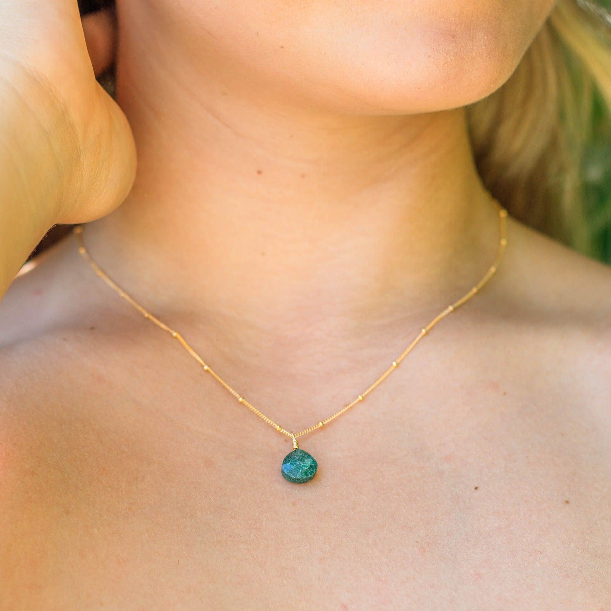 Tiny Aventurine Teardrop Crystal Necklace - Tiny Aventurine Teardrop Crystal Necklace - Sterling Silver / Cable - Luna Tide Handmade Crystal Jewellery