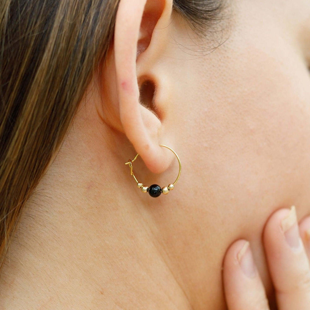 Tiny Black Onyx Bead Hoop Earrings - Tiny Black Onyx Bead Hoop Earrings - Sterling Silver - Luna Tide Handmade Crystal Jewellery