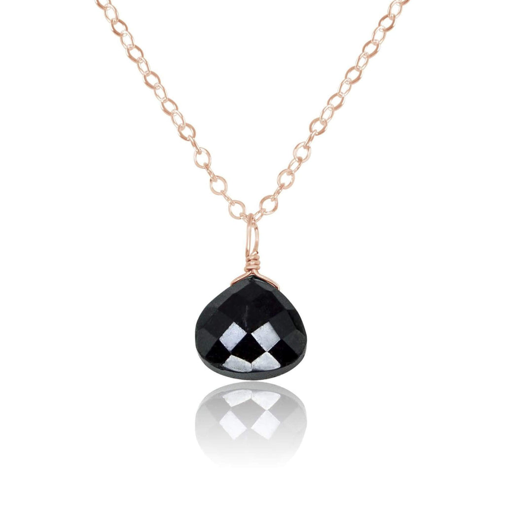 Tiny Black Tourmaline Teardrop Crystal Necklace - Tiny Black Tourmaline Teardrop Crystal Necklace - 14k Rose Gold Fill / Cable - Luna Tide Handmade Crystal Jewellery