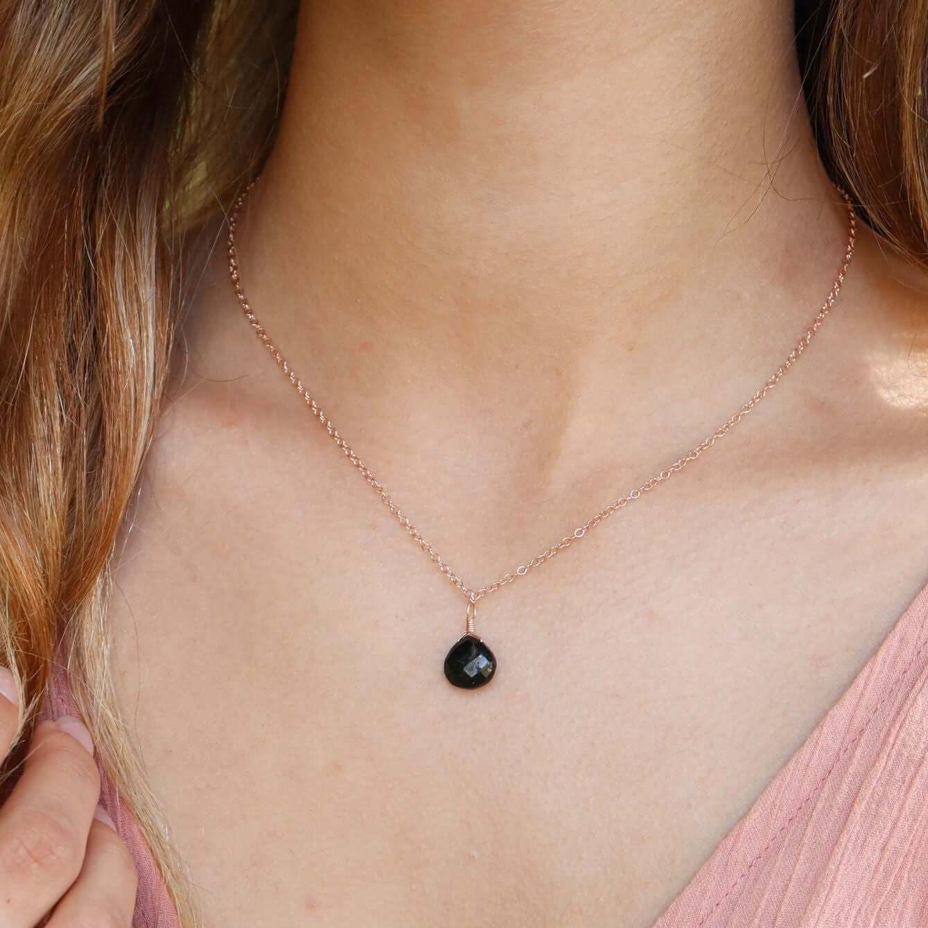 Tiny Black Tourmaline Teardrop Crystal Necklace - Tiny Black Tourmaline Teardrop Crystal Necklace - Sterling Silver / Cable - Luna Tide Handmade Crystal Jewellery
