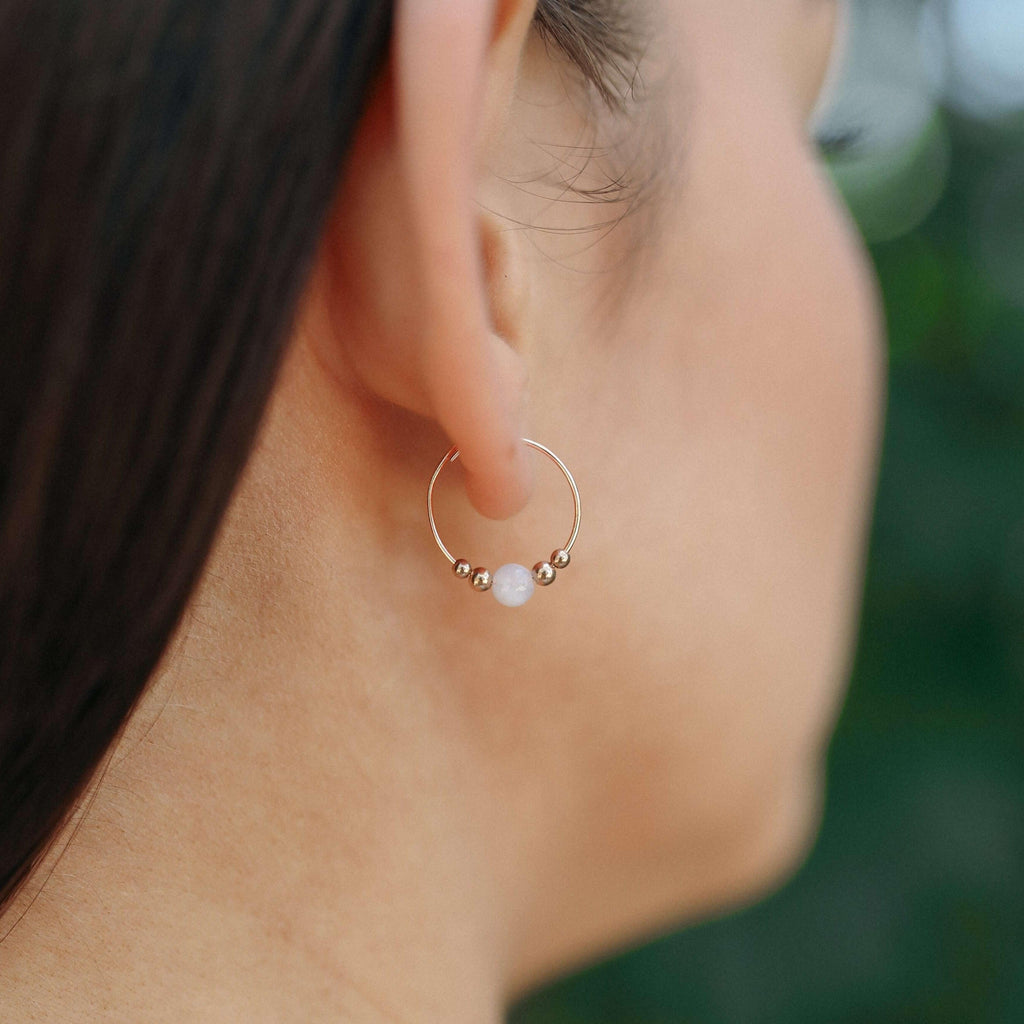 Tiny Blue Lace Agate Bead Hoop Earrings - Tiny Blue Lace Agate Bead Hoop Earrings - 14k Gold Fill - Luna Tide Handmade Crystal Jewellery
