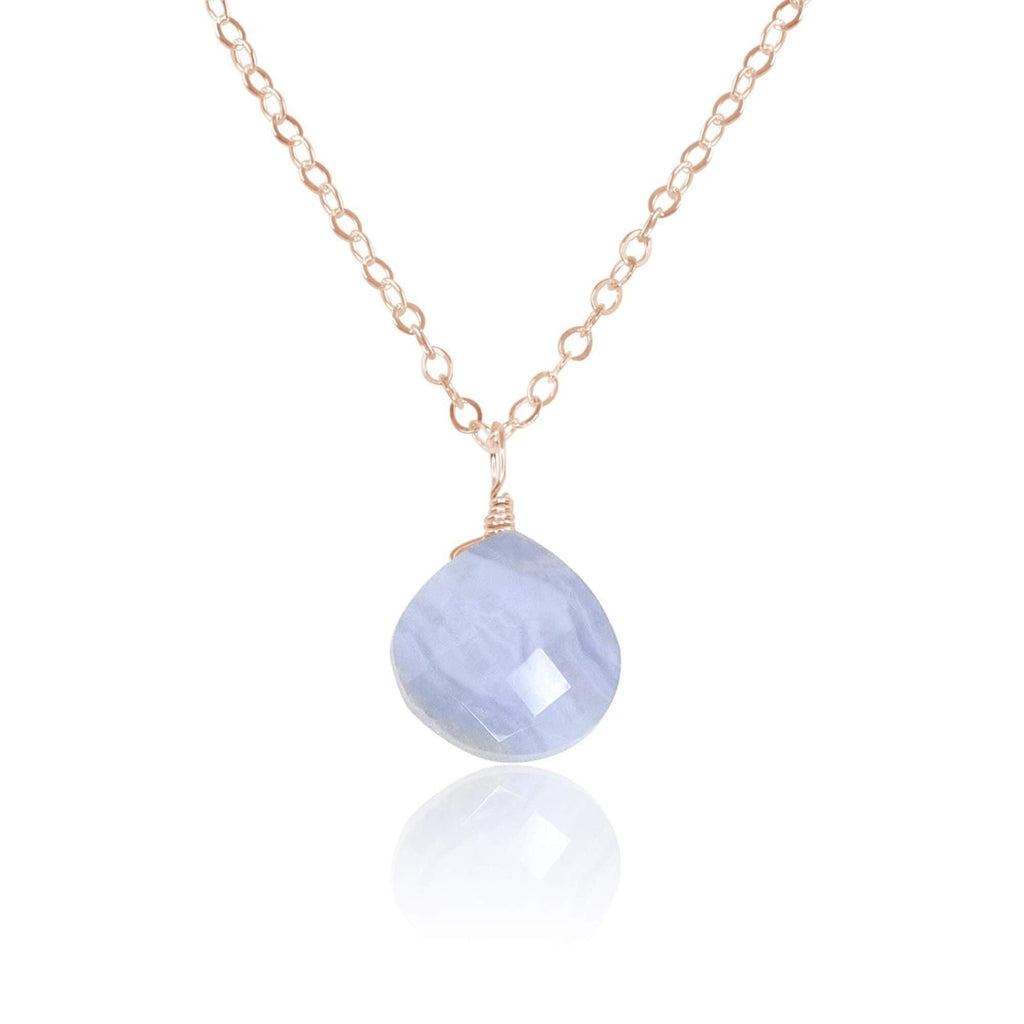 Tiny Blue Lace Agate Teardrop Crystal Necklace - Tiny Blue Lace Agate Teardrop Crystal Necklace - 14k Rose Gold Fill / Cable - Luna Tide Handmade Crystal Jewellery