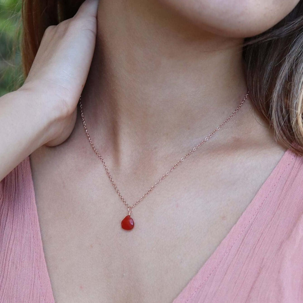 Tiny Carnelian Teardrop Crystal Necklace - Tiny Carnelian Teardrop Crystal Necklace - 14k Gold Fill / Cable - Luna Tide Handmade Crystal Jewellery