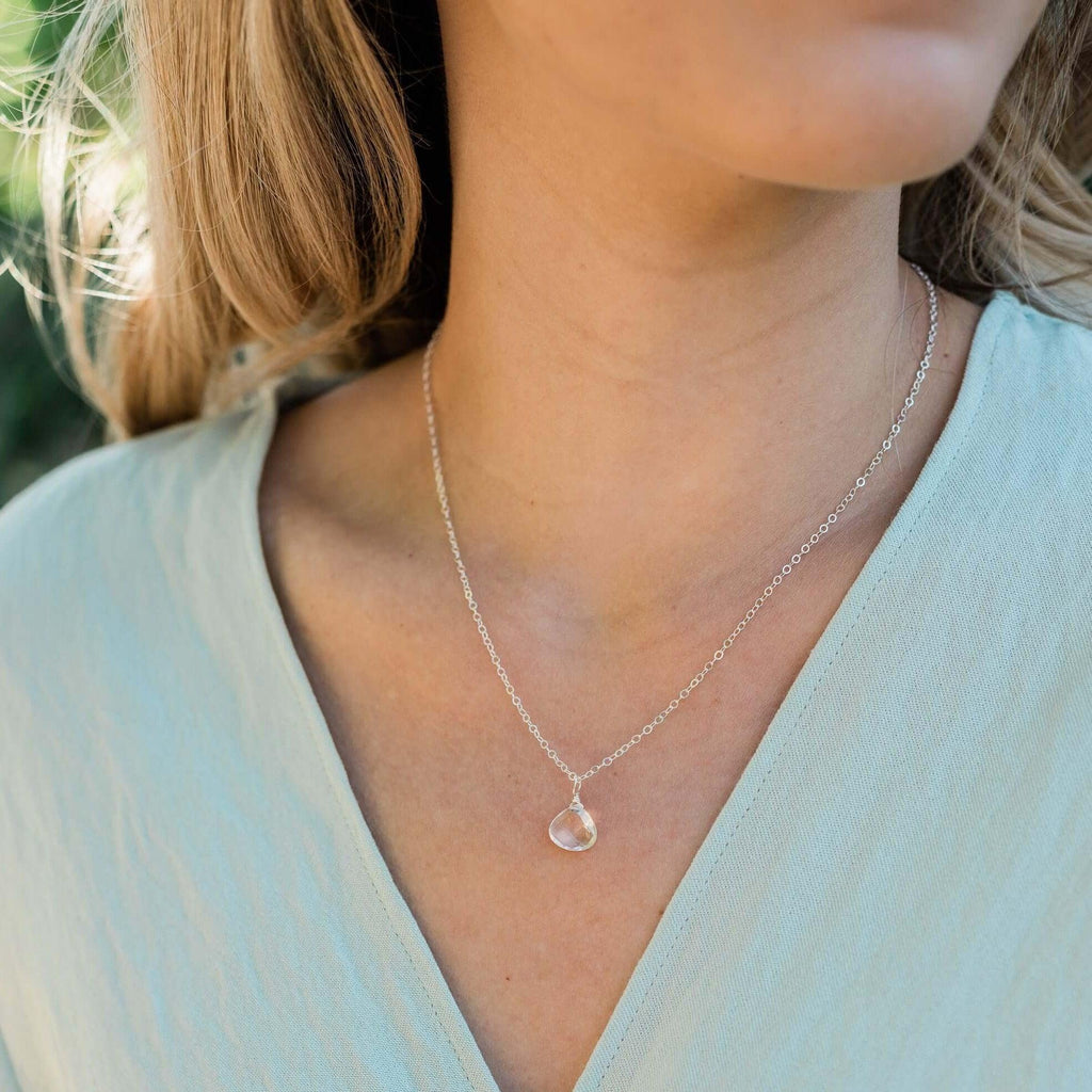 Tiny Crystal Quartz Teardrop Necklace - Tiny Crystal Quartz Teardrop Necklace - Sterling Silver / Cable - Luna Tide Handmade Crystal Jewellery