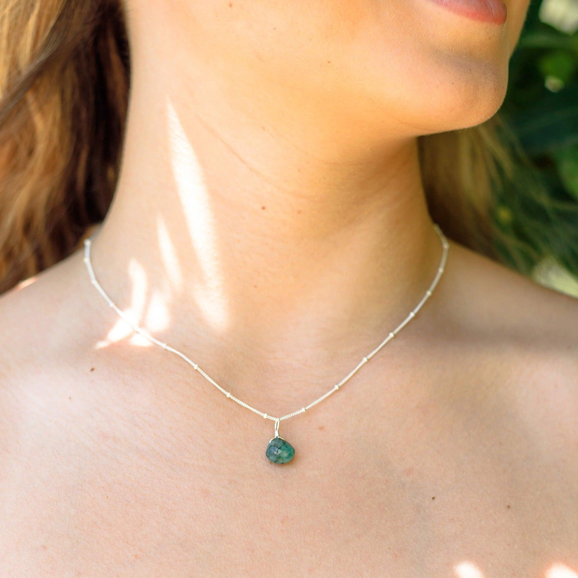 Tiny Emerald Teardrop Crystal Necklace - Tiny Emerald Teardrop Crystal Necklace - Sterling Silver / Cable - Luna Tide Handmade Crystal Jewellery