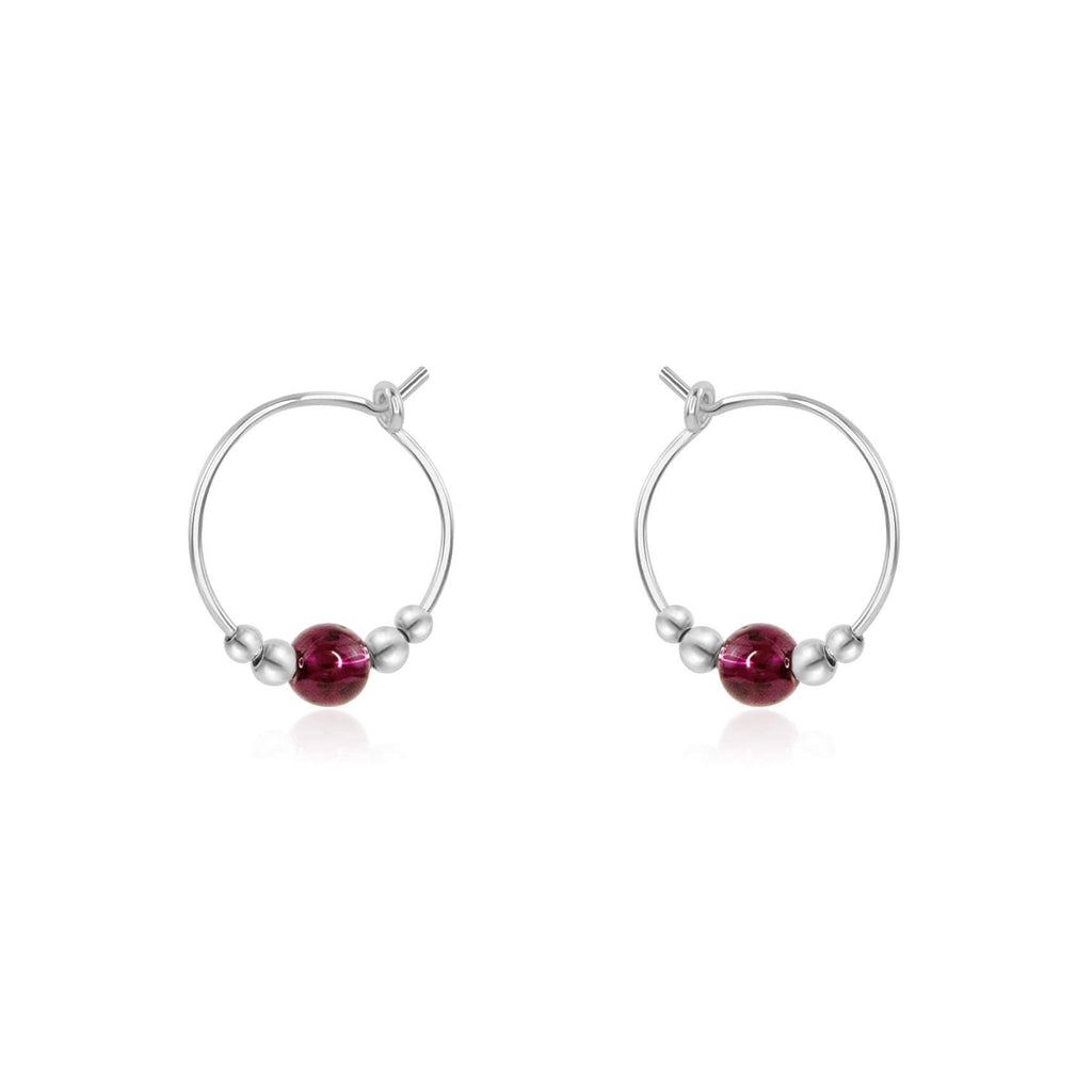 Tiny Garnet Bead Hoop Earrings - Tiny Garnet Bead Hoop Earrings - Sterling Silver - Luna Tide Handmade Crystal Jewellery