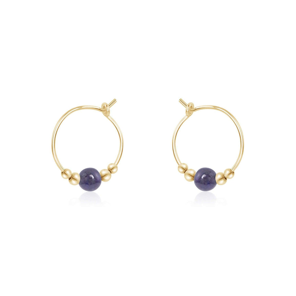 Tiny Iolite Gemstone Bead Hoop Earrings - Tiny Iolite Gemstone Bead Hoop Earrings - 14k Gold Fill - Luna Tide Handmade Crystal Jewellery