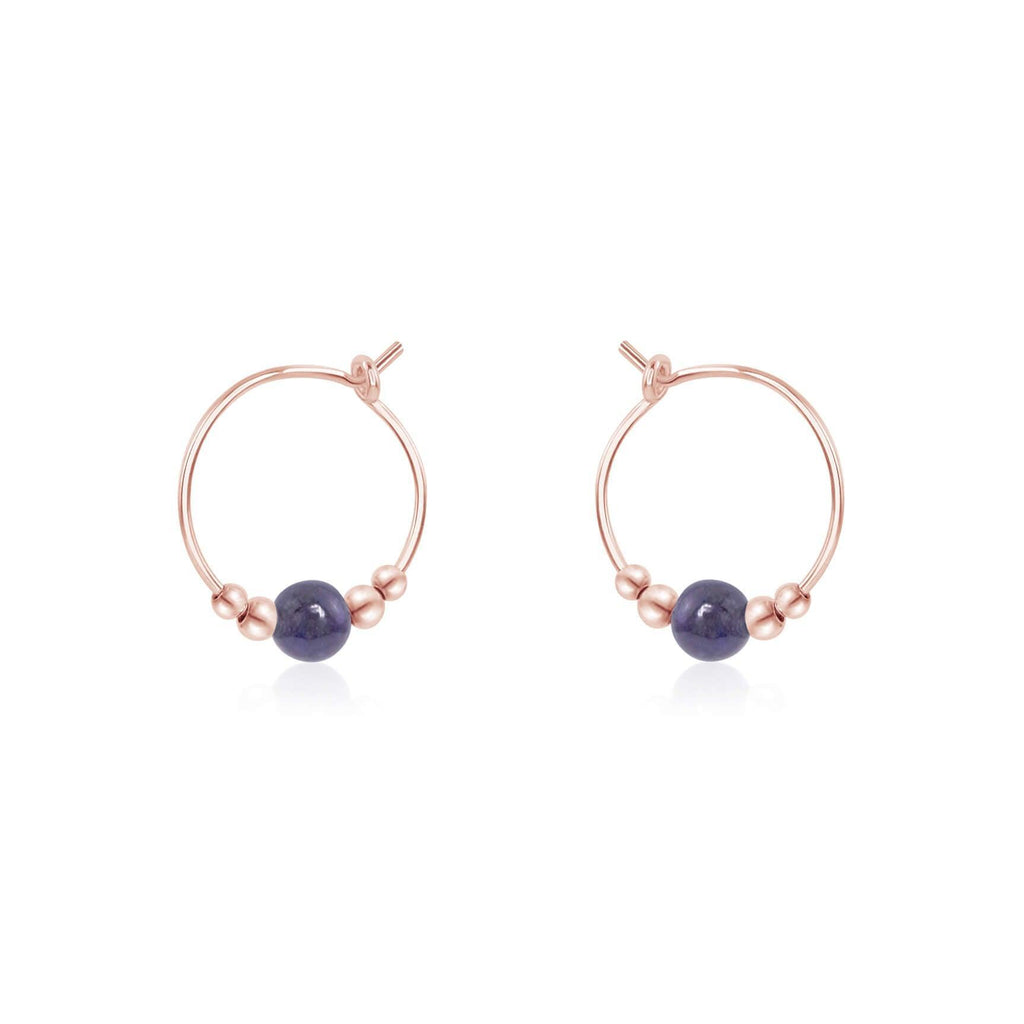 Tiny Iolite Gemstone Bead Hoop Earrings - Tiny Iolite Gemstone Bead Hoop Earrings - 14k Rose Gold Fill - Luna Tide Handmade Crystal Jewellery