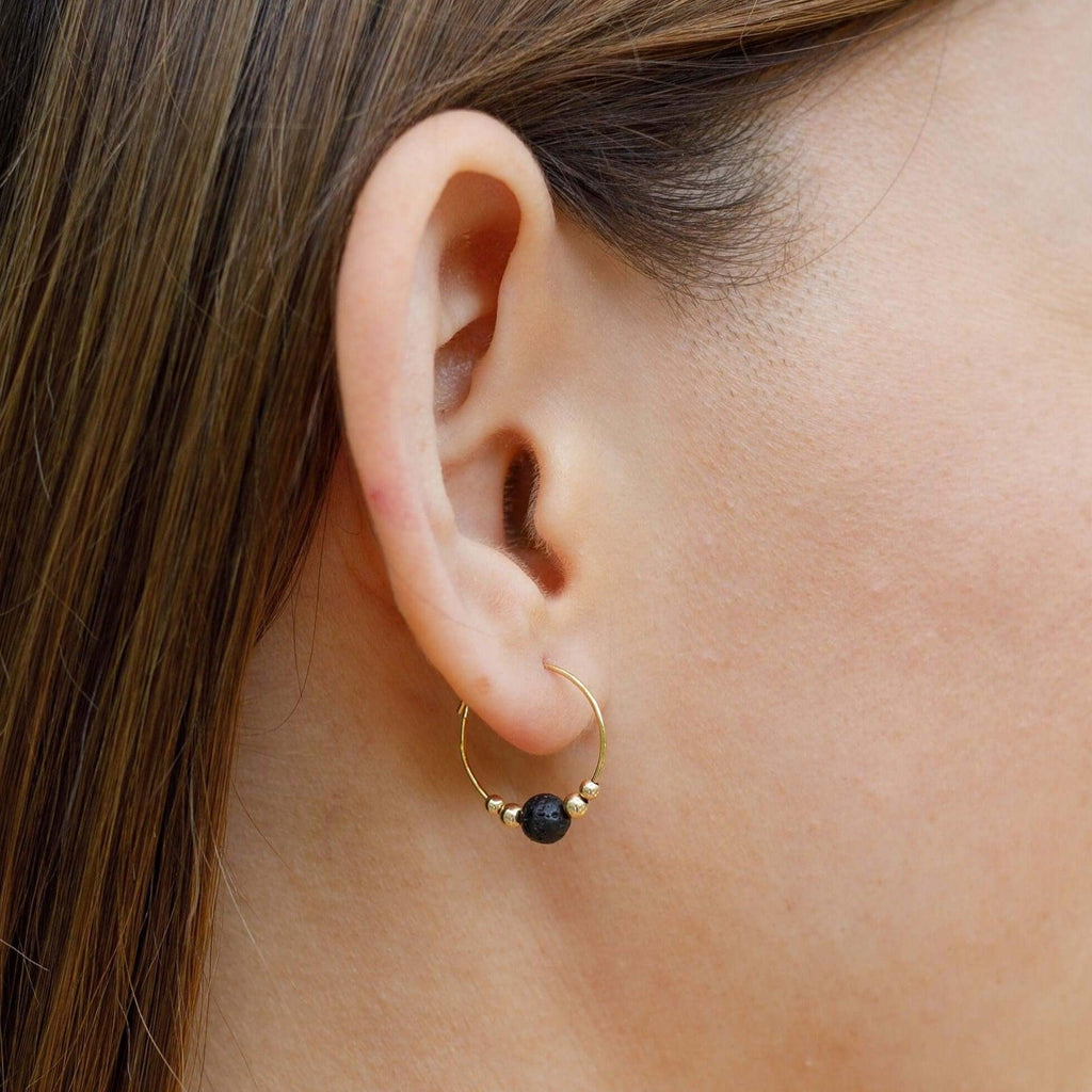 Tiny Lava Gemstone Bead Hoop Earrings - Tiny Lava Gemstone Bead Hoop Earrings - 14k Gold Fill - Luna Tide Handmade Crystal Jewellery