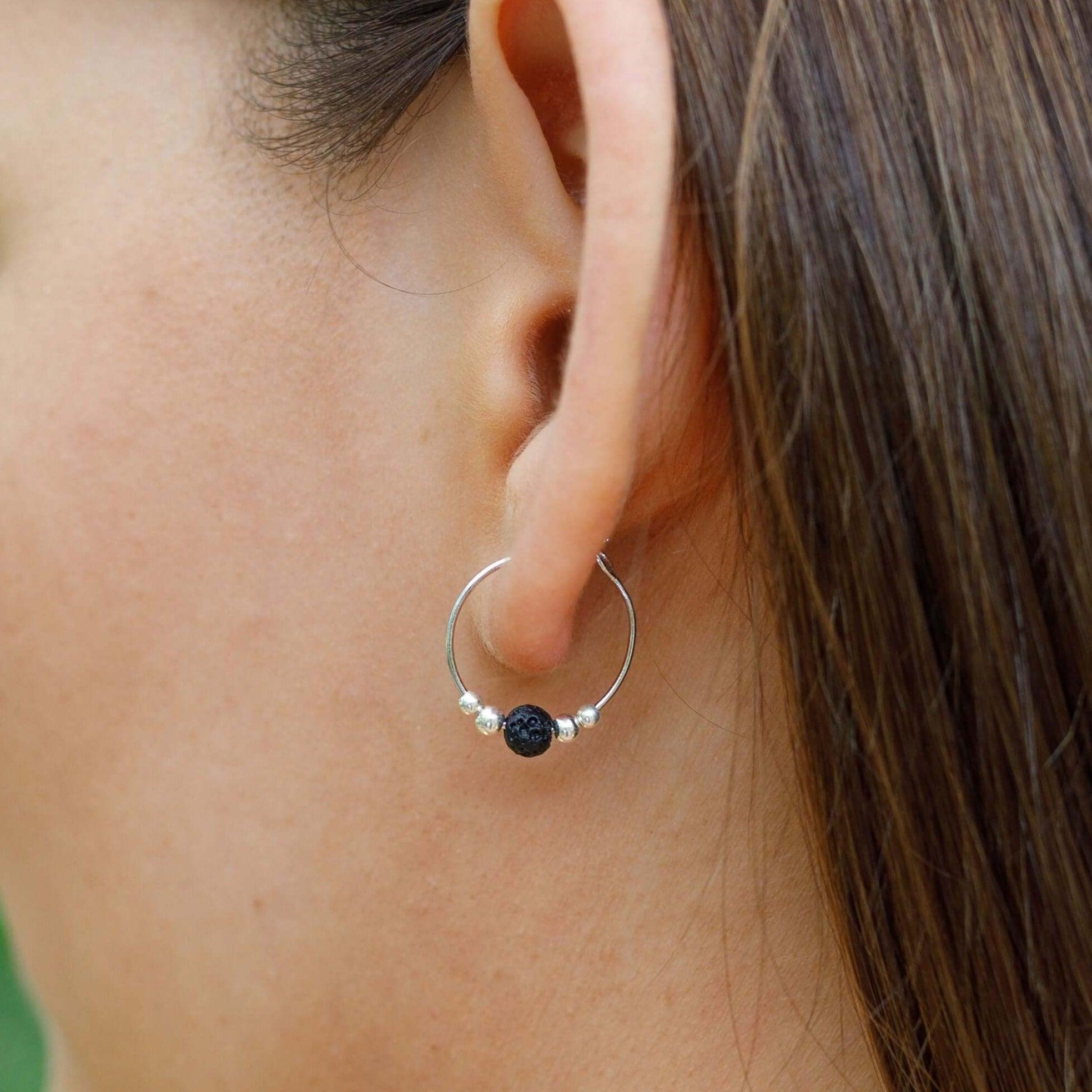 Tiny Lava Gemstone Bead Hoop Earrings - Tiny Lava Gemstone Bead Hoop Earrings - 14k Gold Fill - Luna Tide Handmade Crystal Jewellery